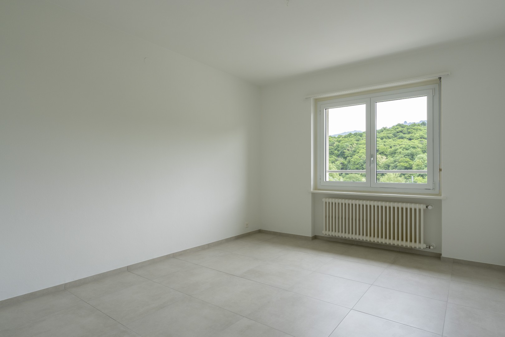 Leerer heller Raum mit Bergblick