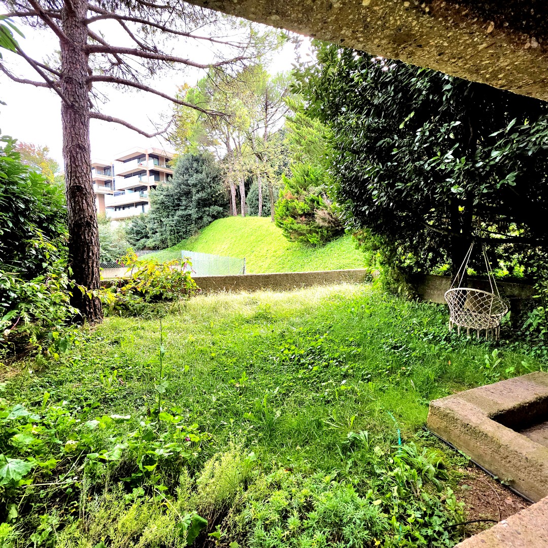 Gartenblick mit Hängekorb