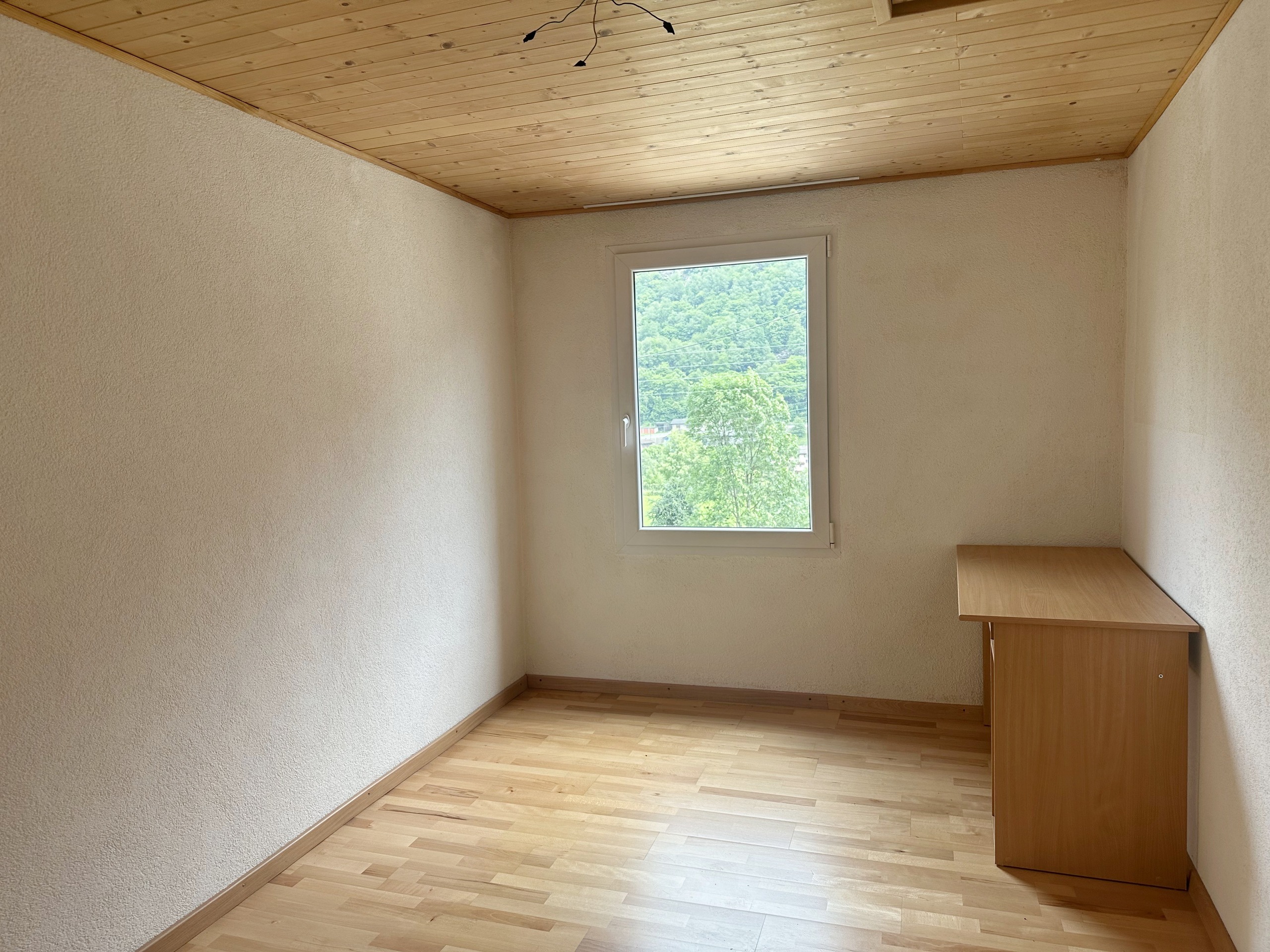 Leeres Zimmer mit Holzdecke und Blick ins Grüne