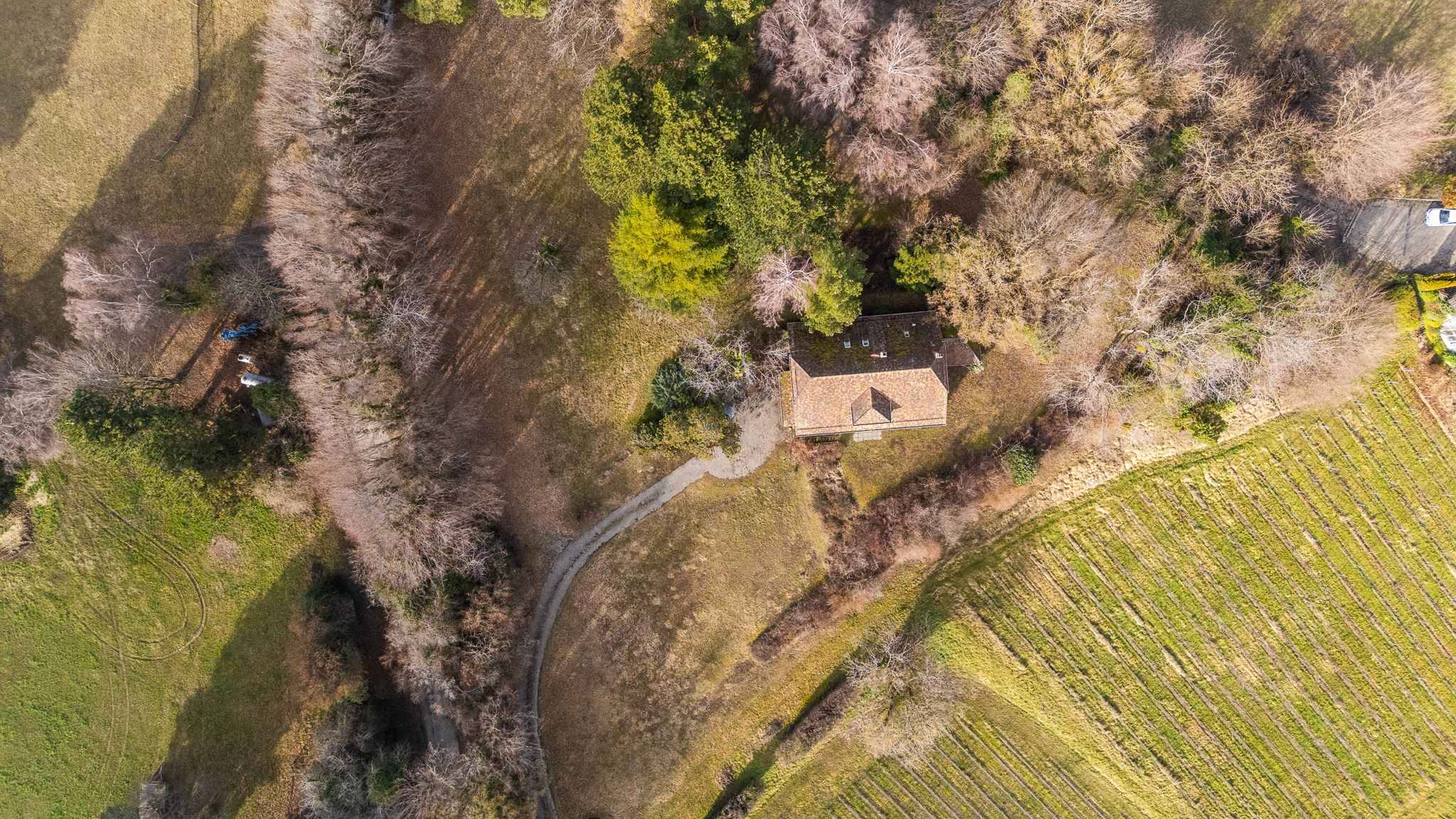 Luftaufnahme eines abgelegenen Hauses im Grünen