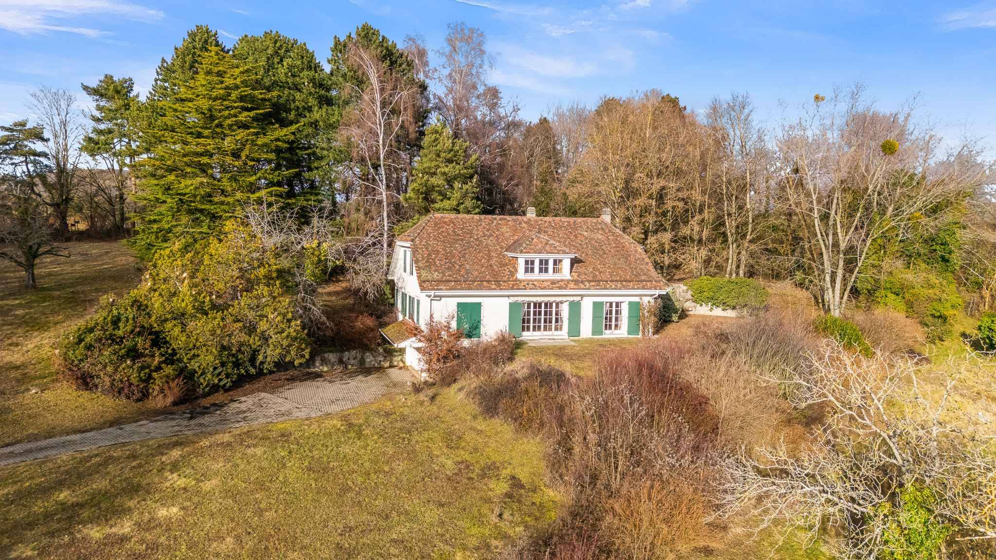 Luftaufnahme eines Hauses im Grünen