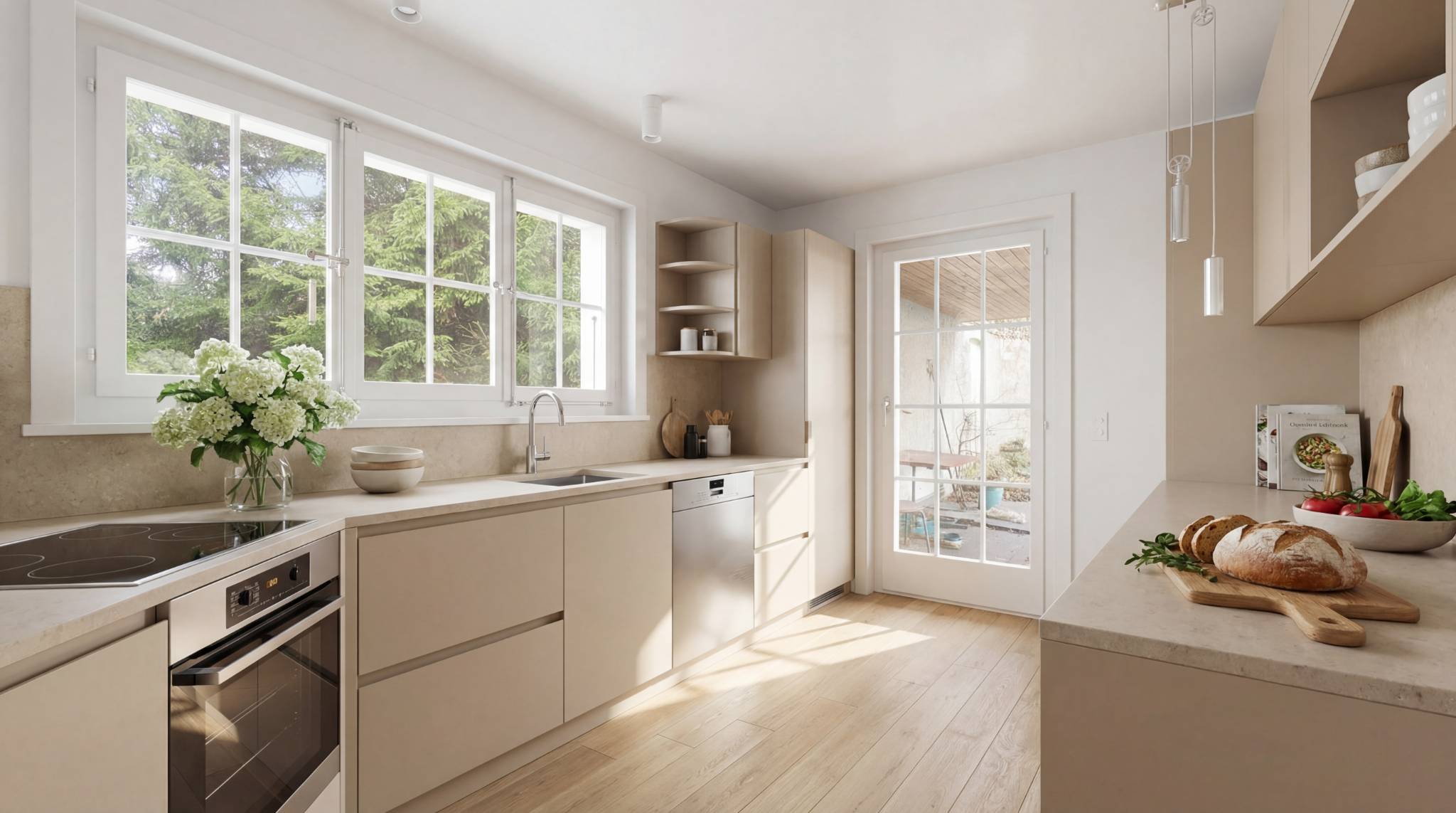 Helle, moderne Küche in Beige und Weiß