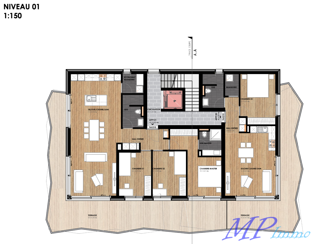 Grundriss eines Erdgeschosses mit Terrasse