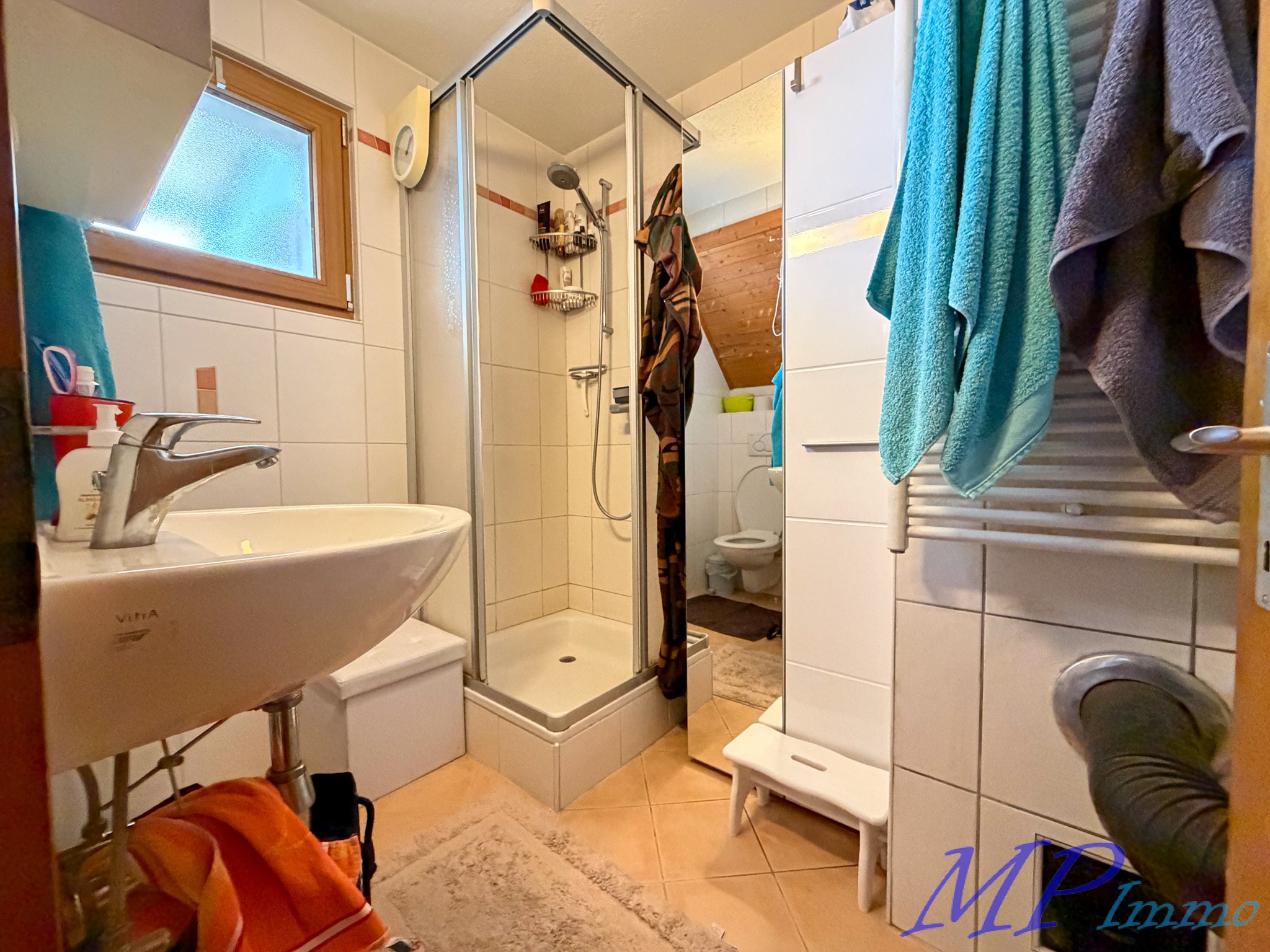 Kleines Badezimmer mit Dusche und Waschtisch