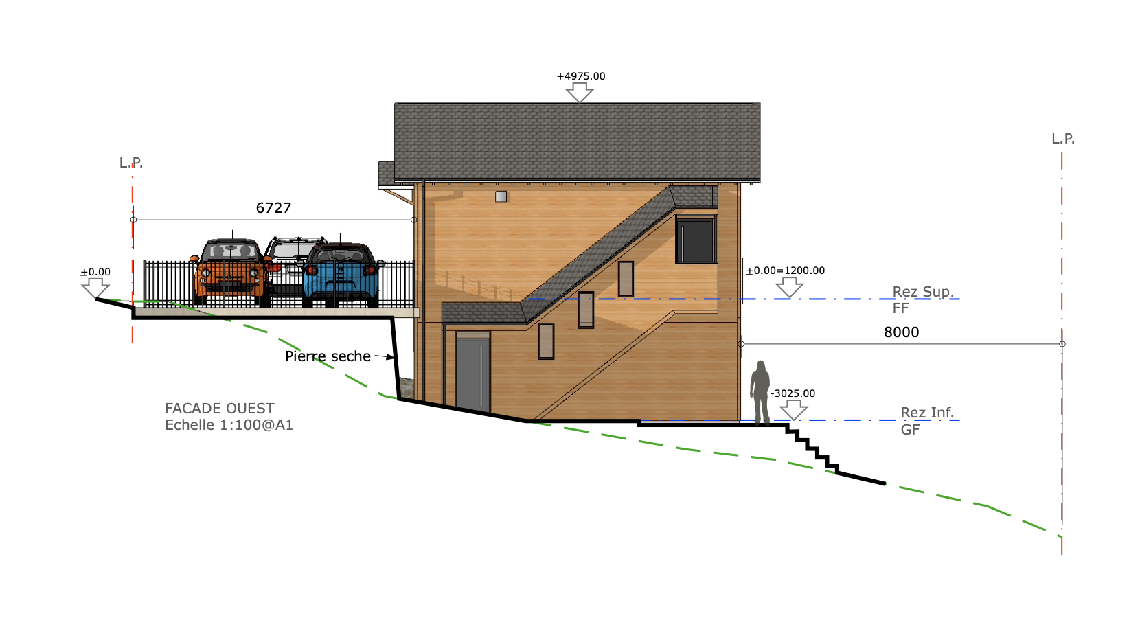 Architektonische Fassadenansicht mit Geländeschnitt