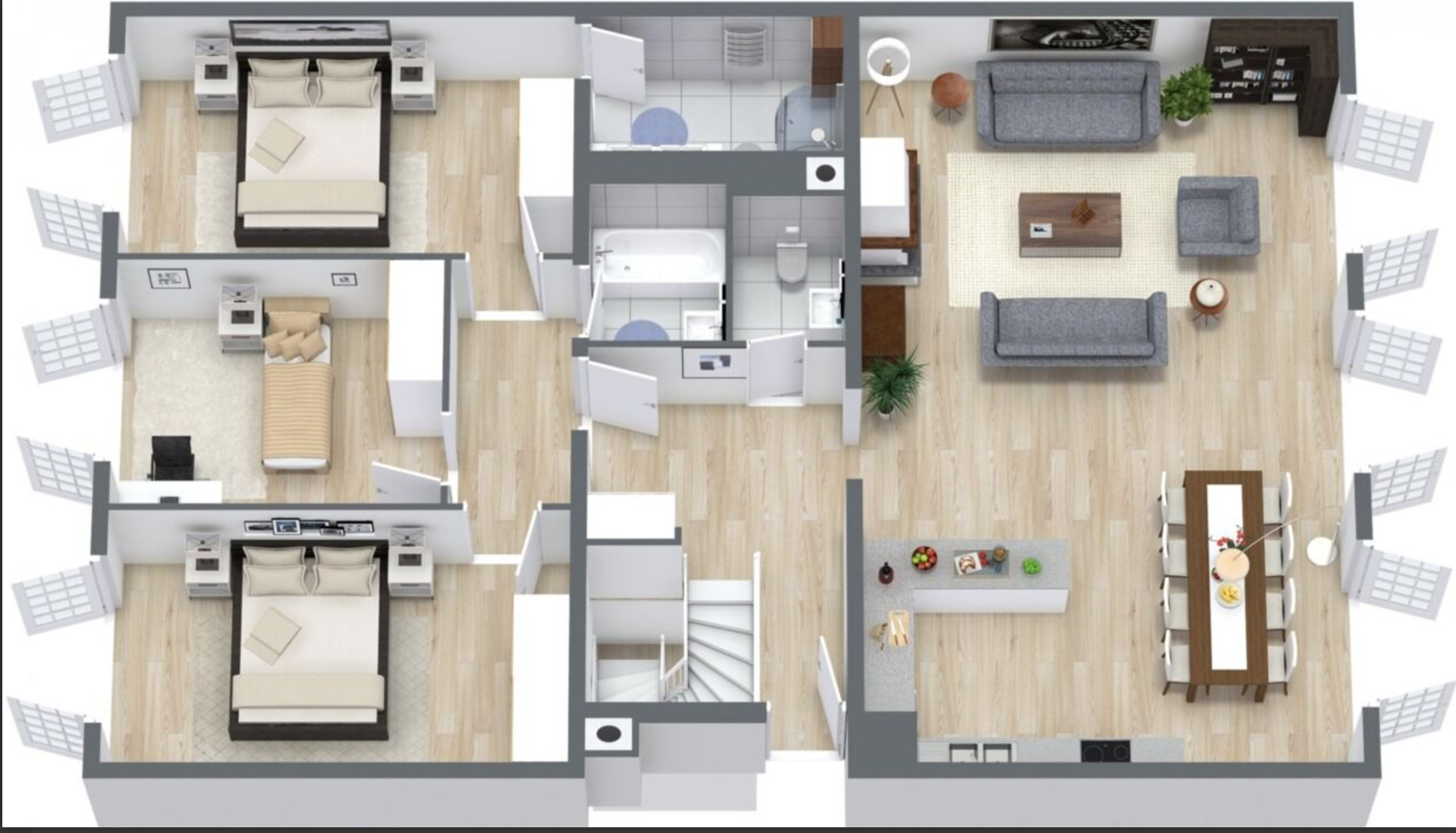 Grundriss einer Wohnung mit mehreren Schlafzimmern, Bad, Wohnbereich und Esszimmer