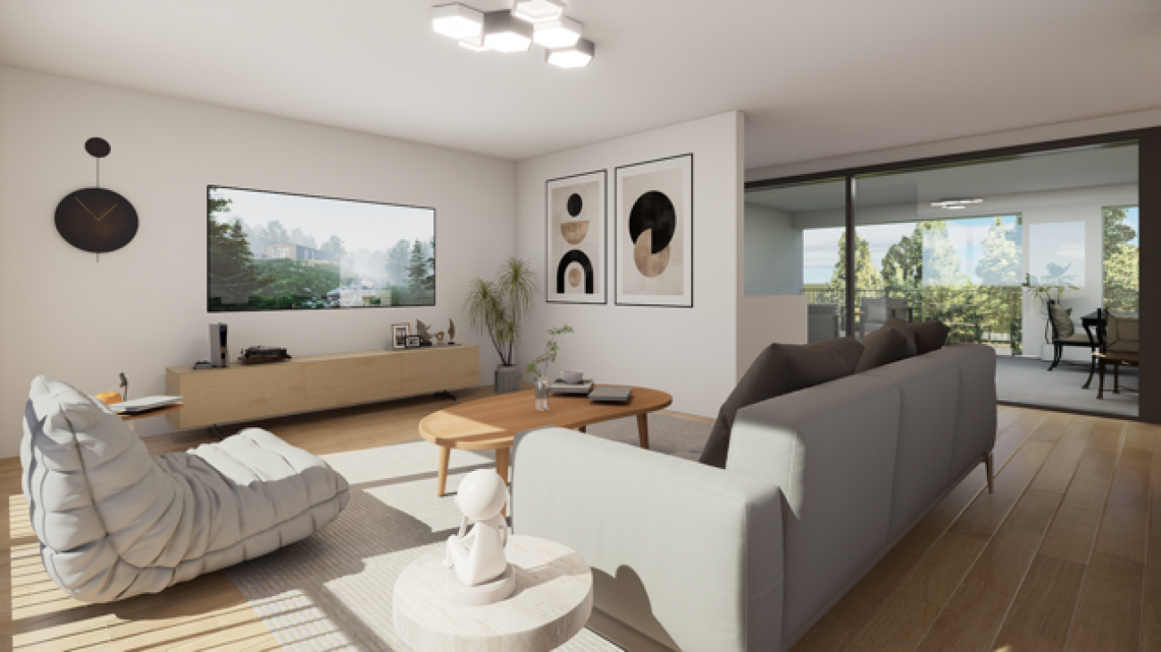 Modernes, helles Wohnzimmer mit offener Verbindung zum Essbereich