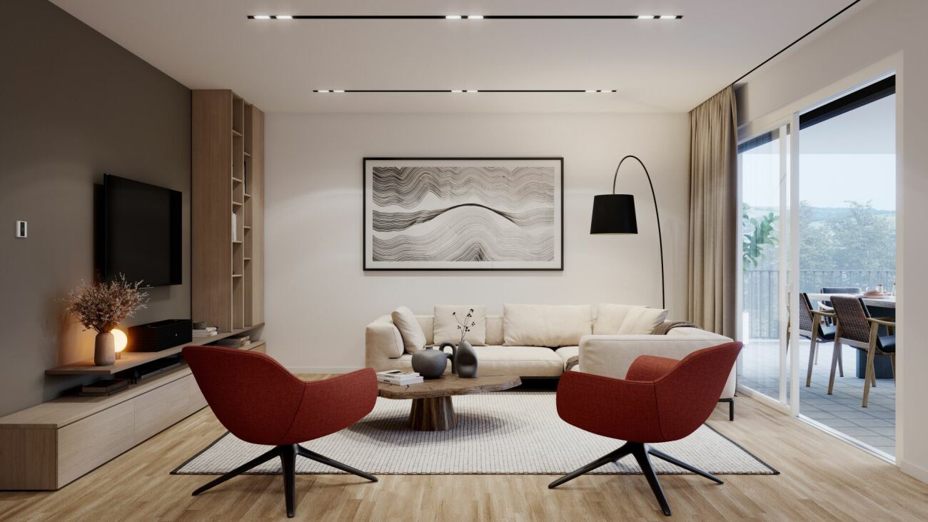 Modernes Wohn- und Esszimmer mit Balkonblick