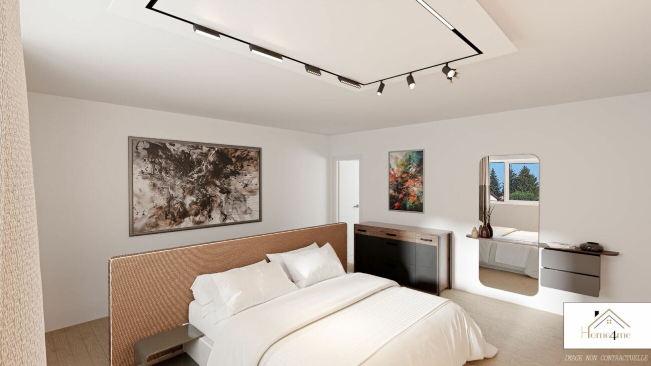 Modernes Schlafzimmer mit Spiegel und Kunst