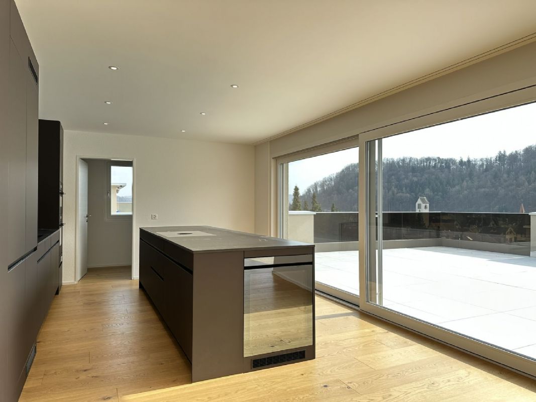 Moderne offene Küche mit Terrassenzugang