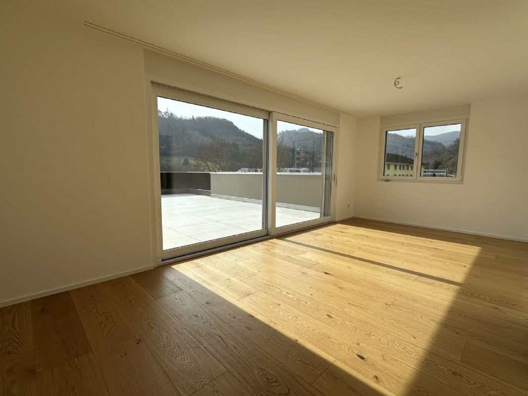 Helles leeres Zimmer mit großer Terrasse und Bergblick