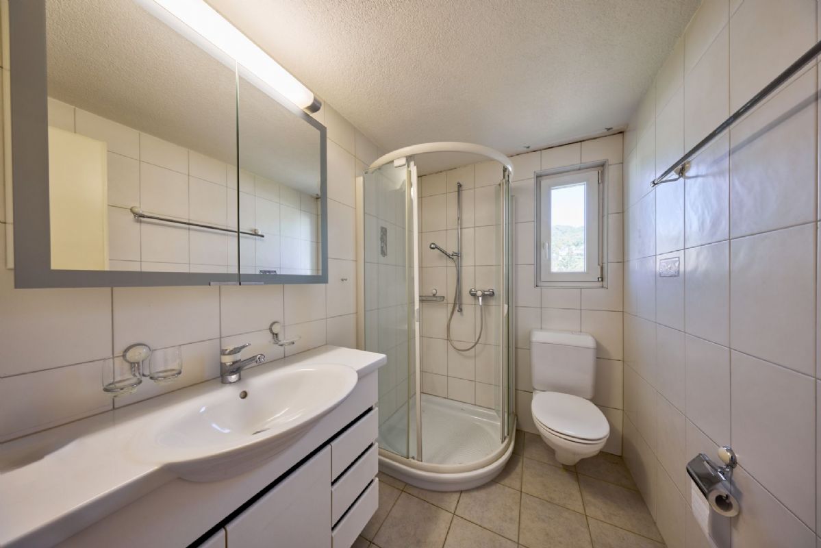 Modernes Badezimmer mit Dusche und Fenster