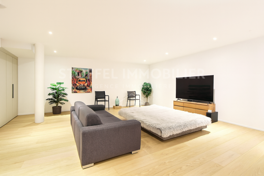Modernes Schlafzimmer mit Sofa und TV