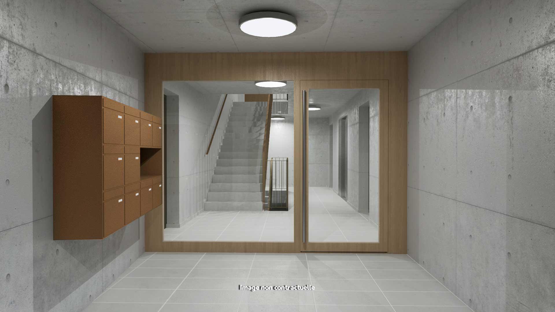 Moderner Eingangsbereich mit Briefkästen und Treppenhaus
