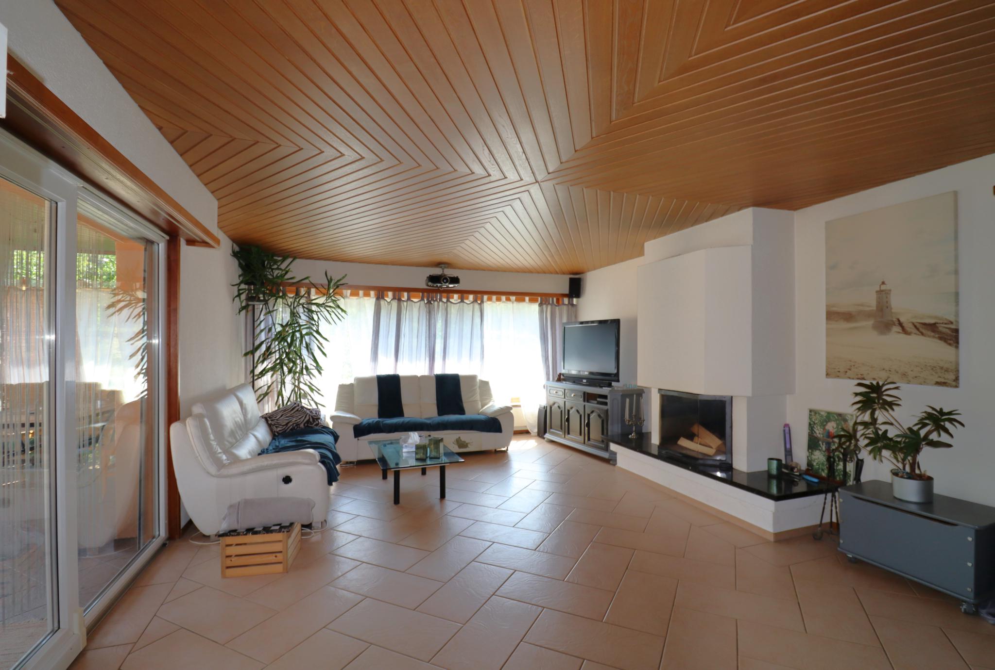 Wohnzimmer mit Kamin und großen Fensterflächen