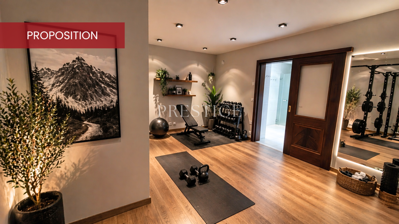 Fitnessraum mit Holzfußboden und Trainingsbereich