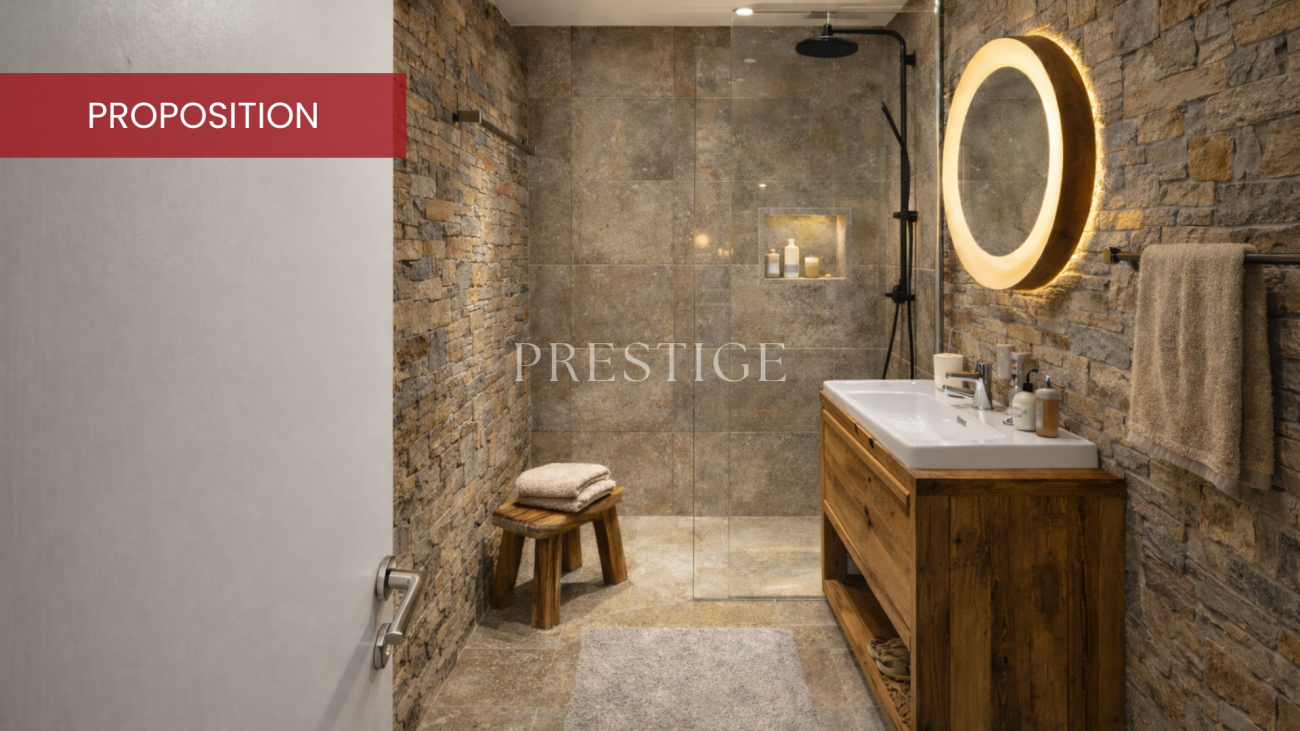 Modernes Badezimmer mit Naturstein und Holz
