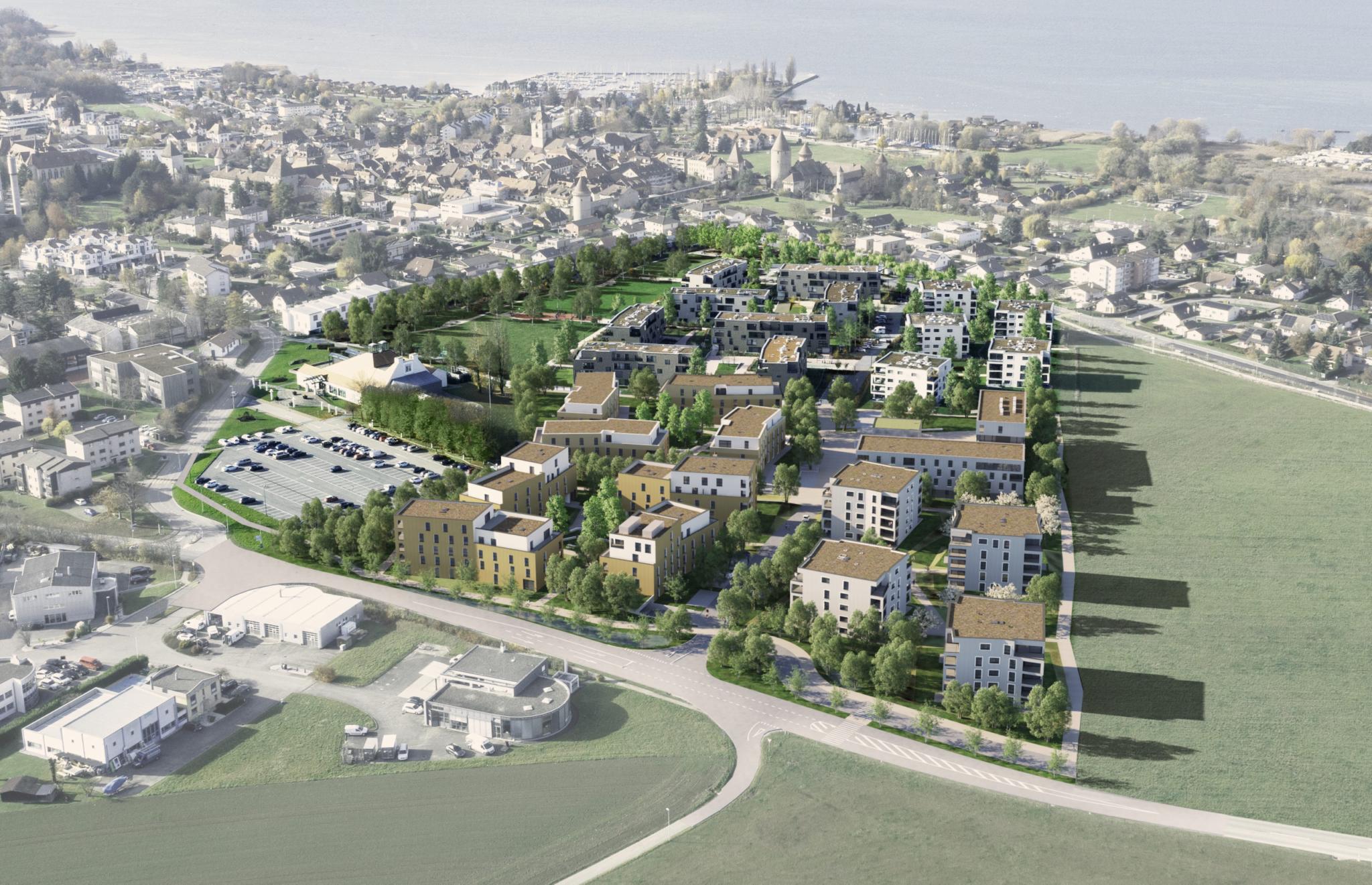 Luftbild eines geplanten Wohnquartiers am Stadtrand