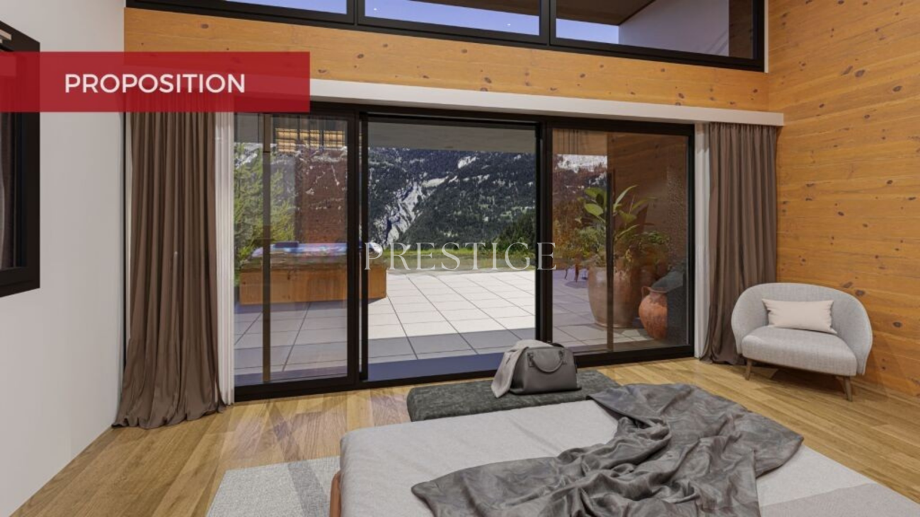 Modernes Schlafzimmer mit großflächiger Verglasung und Bergblick