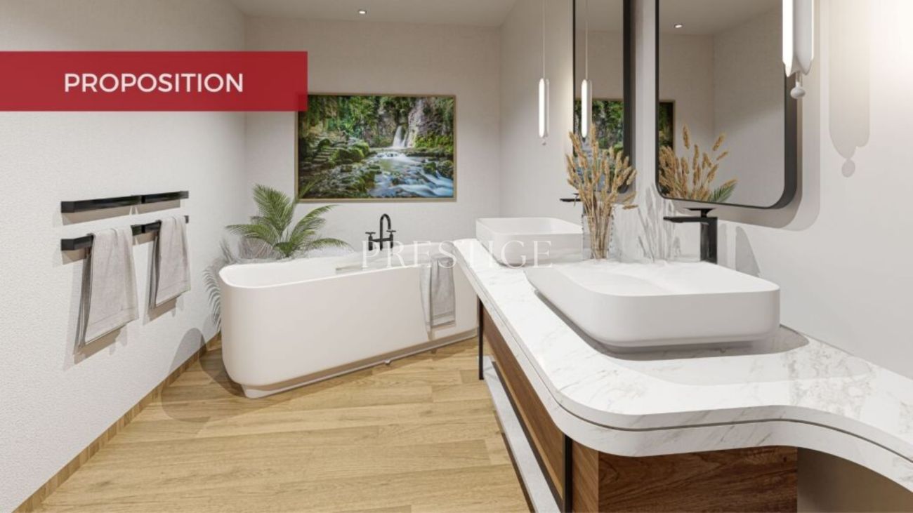 Modernes Badezimmer mit Doppelwaschtisch und Badewanne