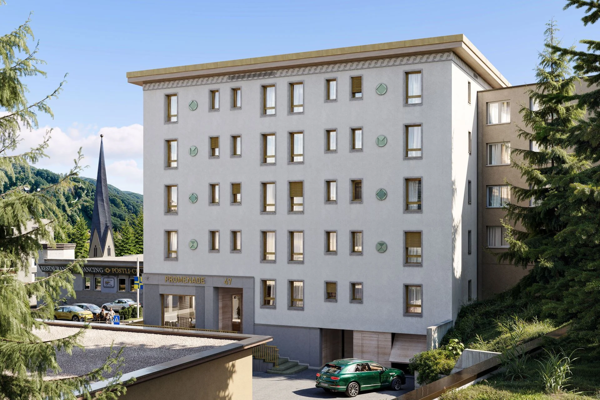 Mehrstöckiges Wohngebäude mit Bergkulisse