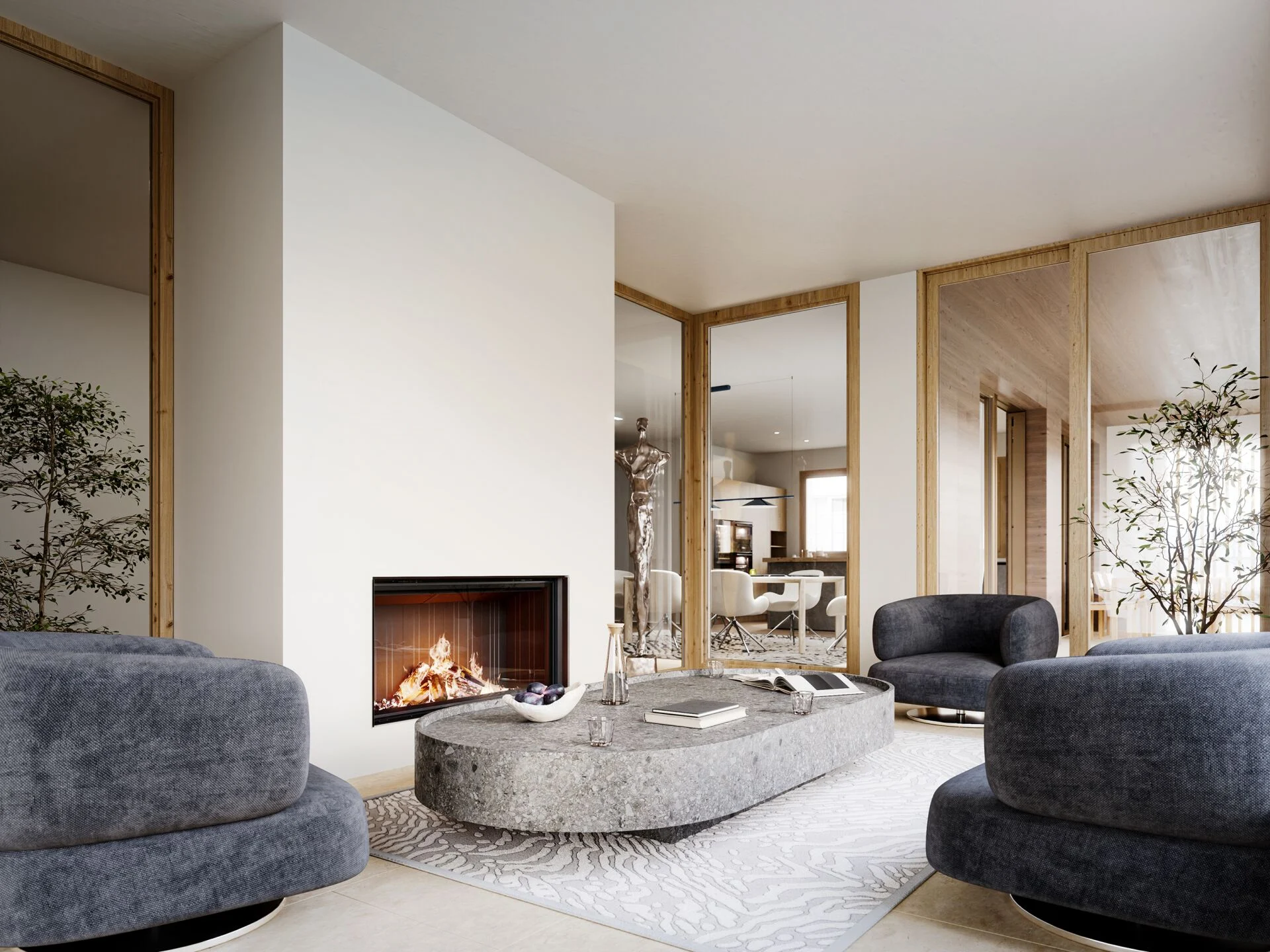 Modernes Wohnzimmer mit Kamin und Designmöbeln