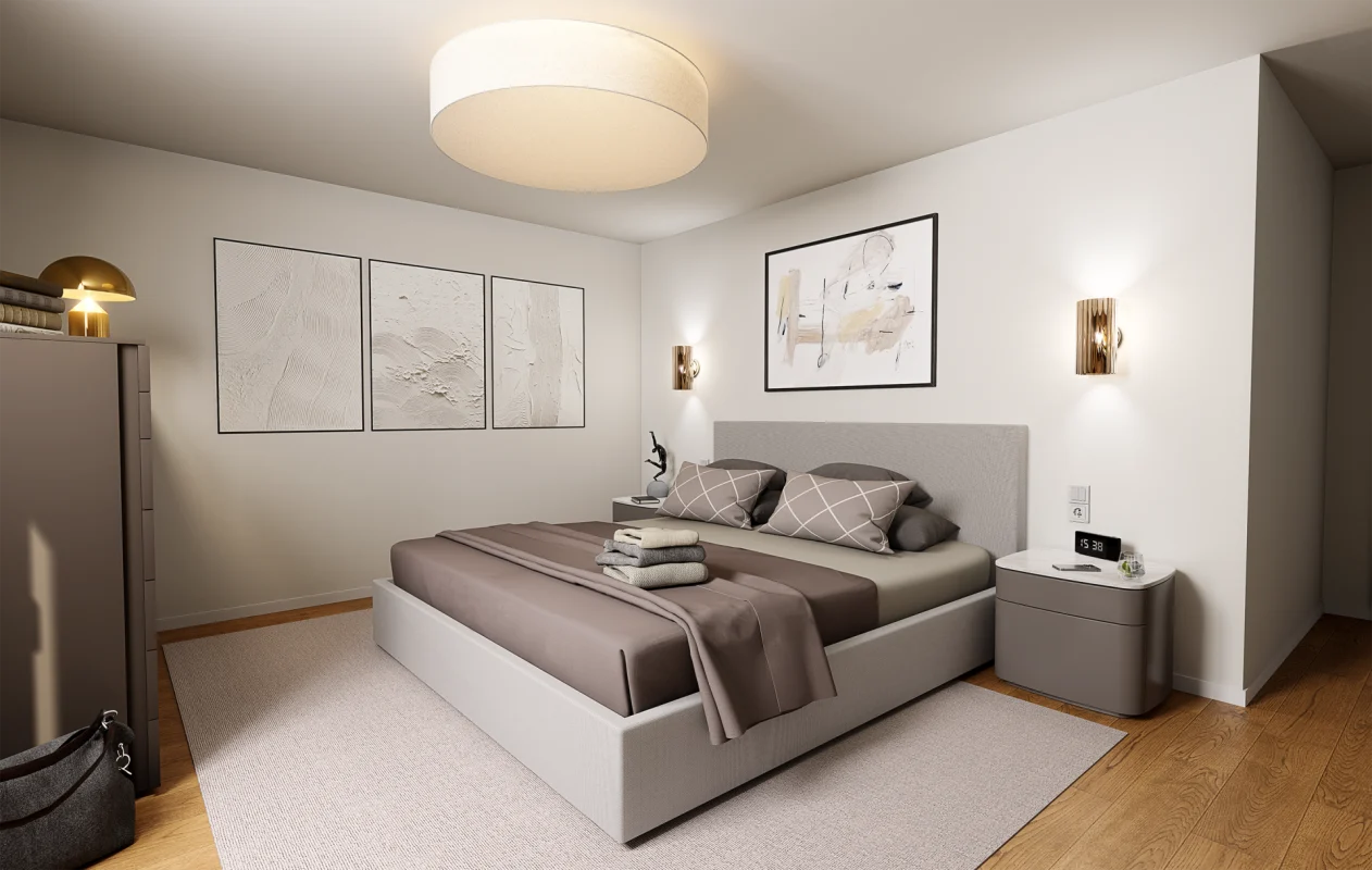 Modernes Schlafzimmer mit neutralem Farbkonzept