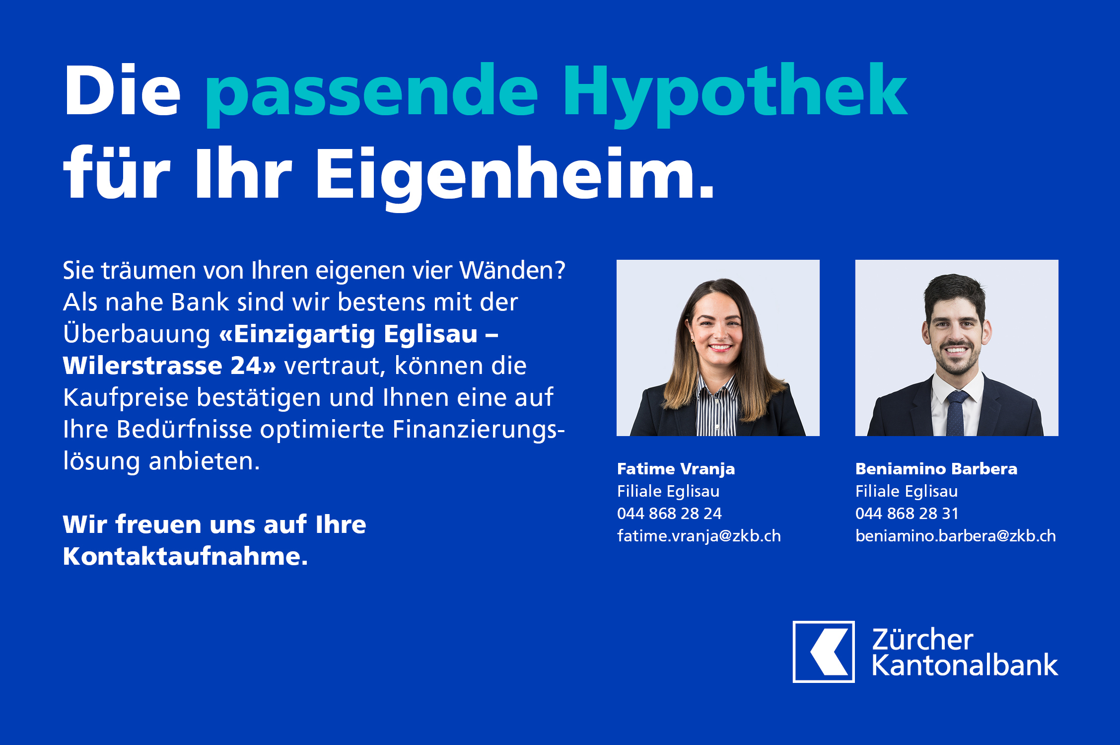 Werbe- und Kontaktfolie einer Zürcher Kantonalbank mit Hypothekenhinweis