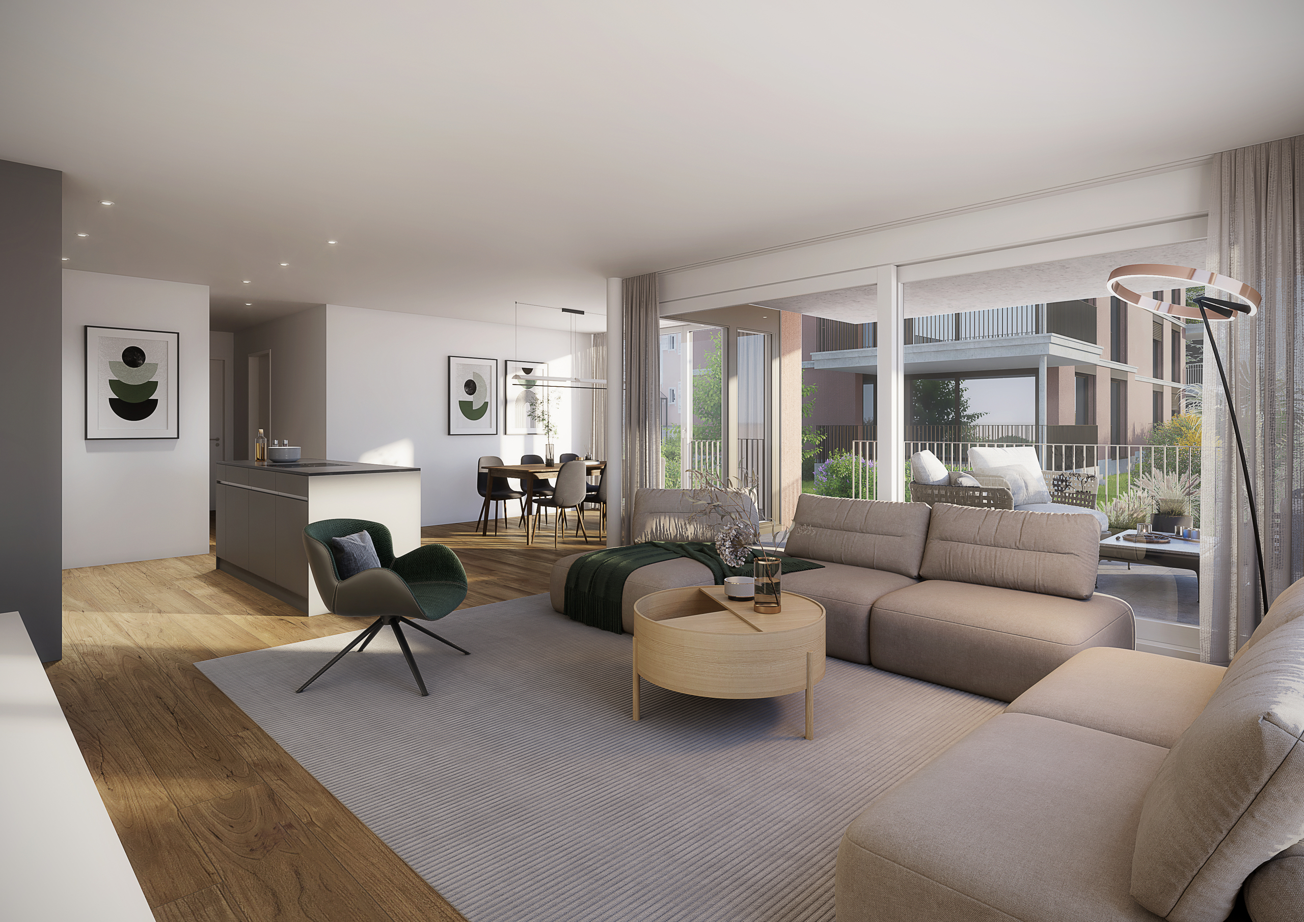 Helles, modernes Wohn-Esszimmer mit offener Küche und Balkonblick