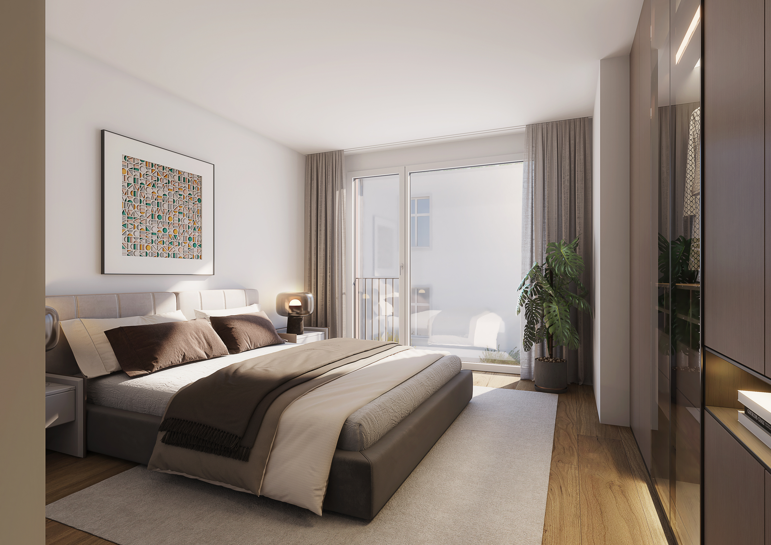 Helles, modernes Schlafzimmer mit Balkonblick