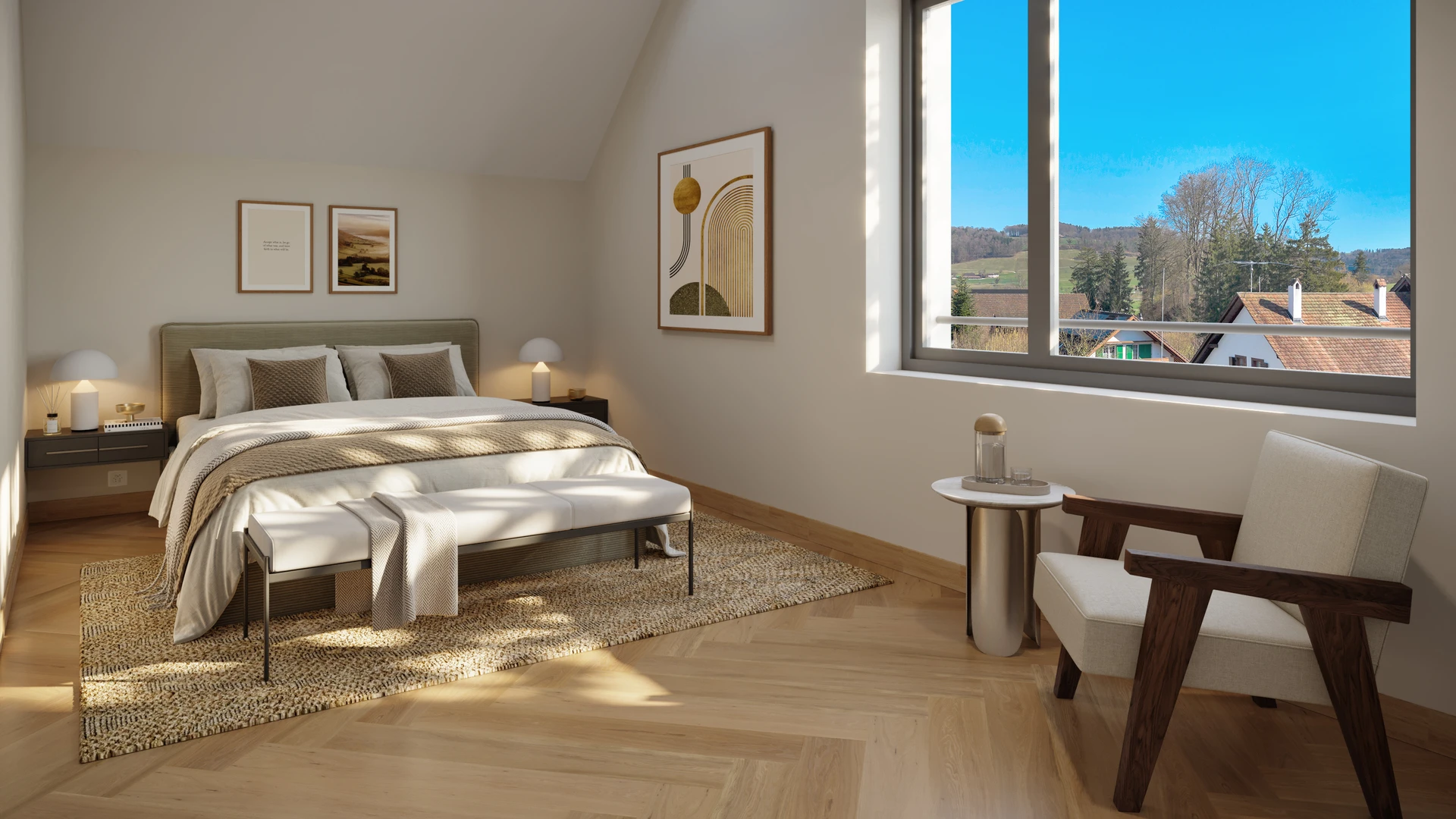 Helles Schlafzimmer mit Ausblick