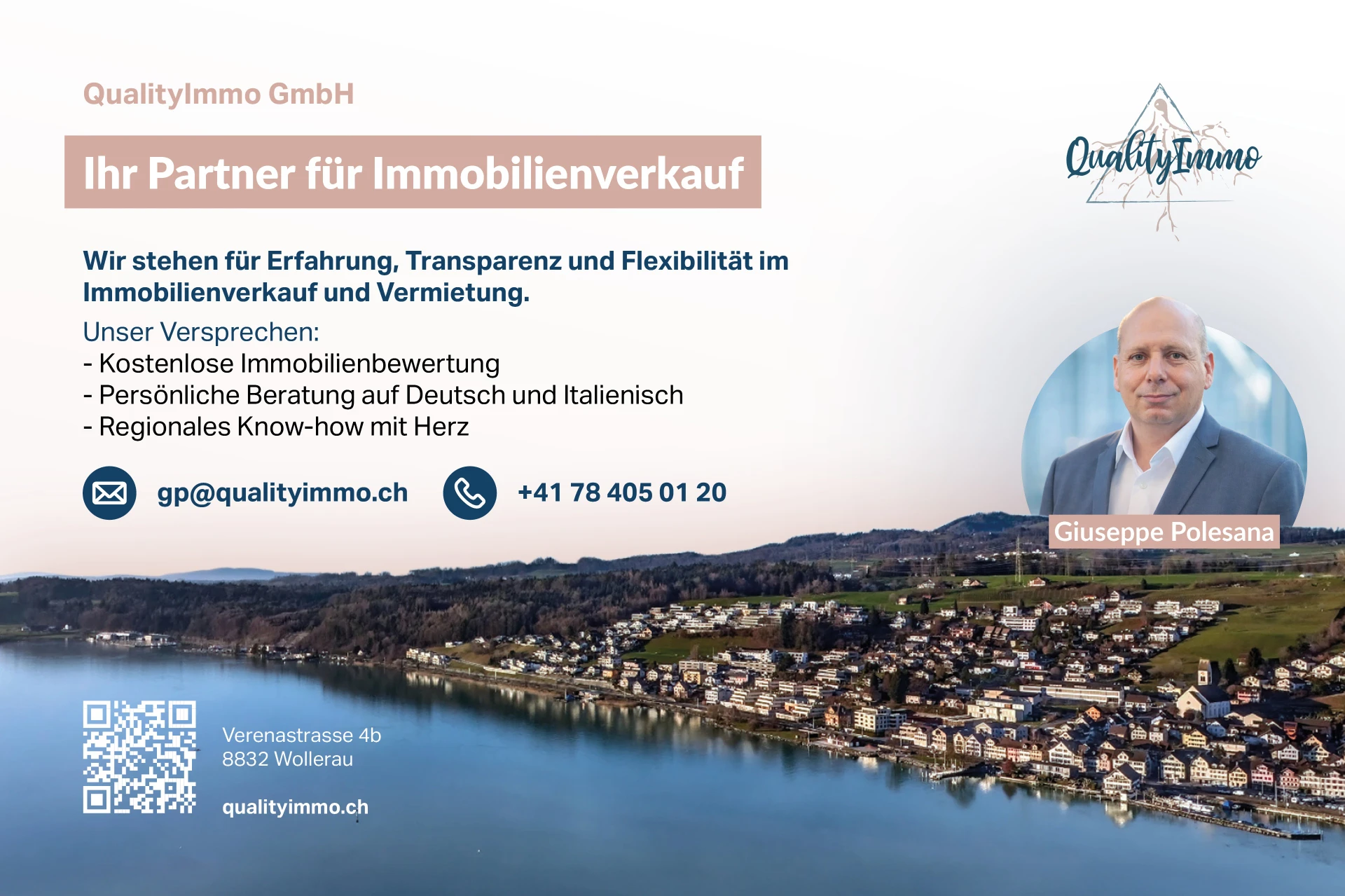 Werbebanner eines Immobilienmaklers mit Luftbild und Kontaktdaten