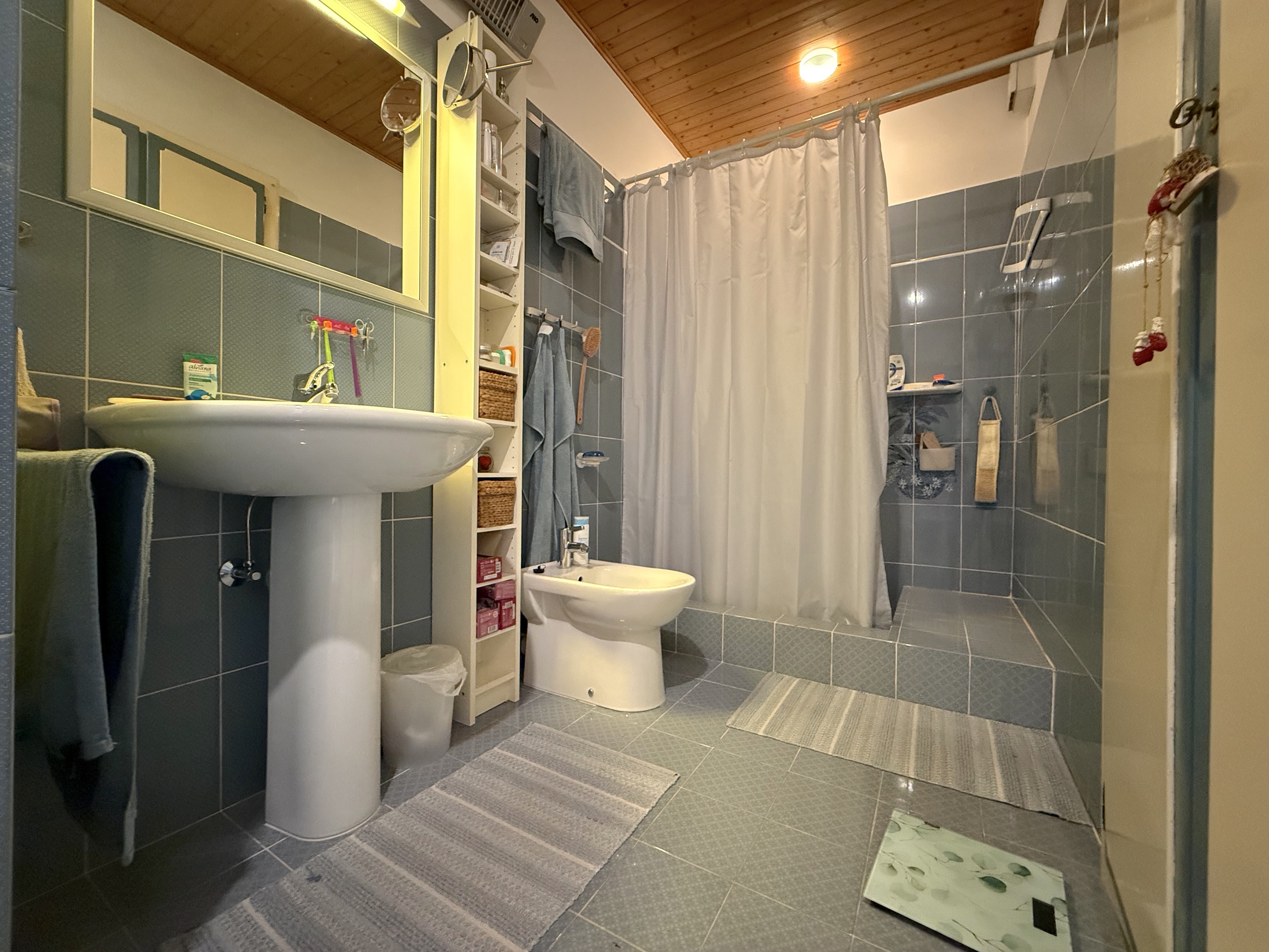 Badezimmer mit Badewanne, Waschbecken und Duschvorhang