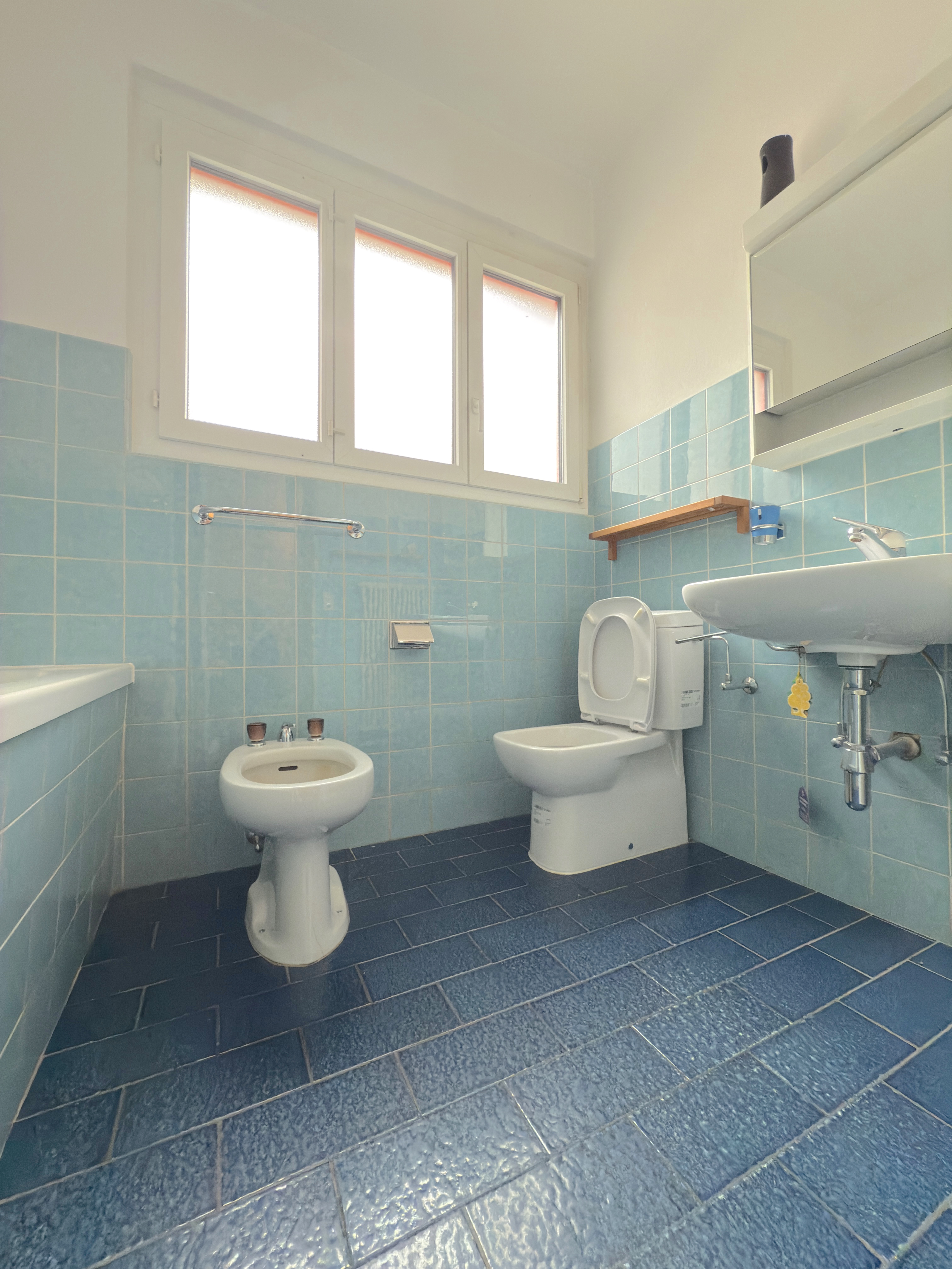Gäste-WC mit blauen Fliesen und Fenster