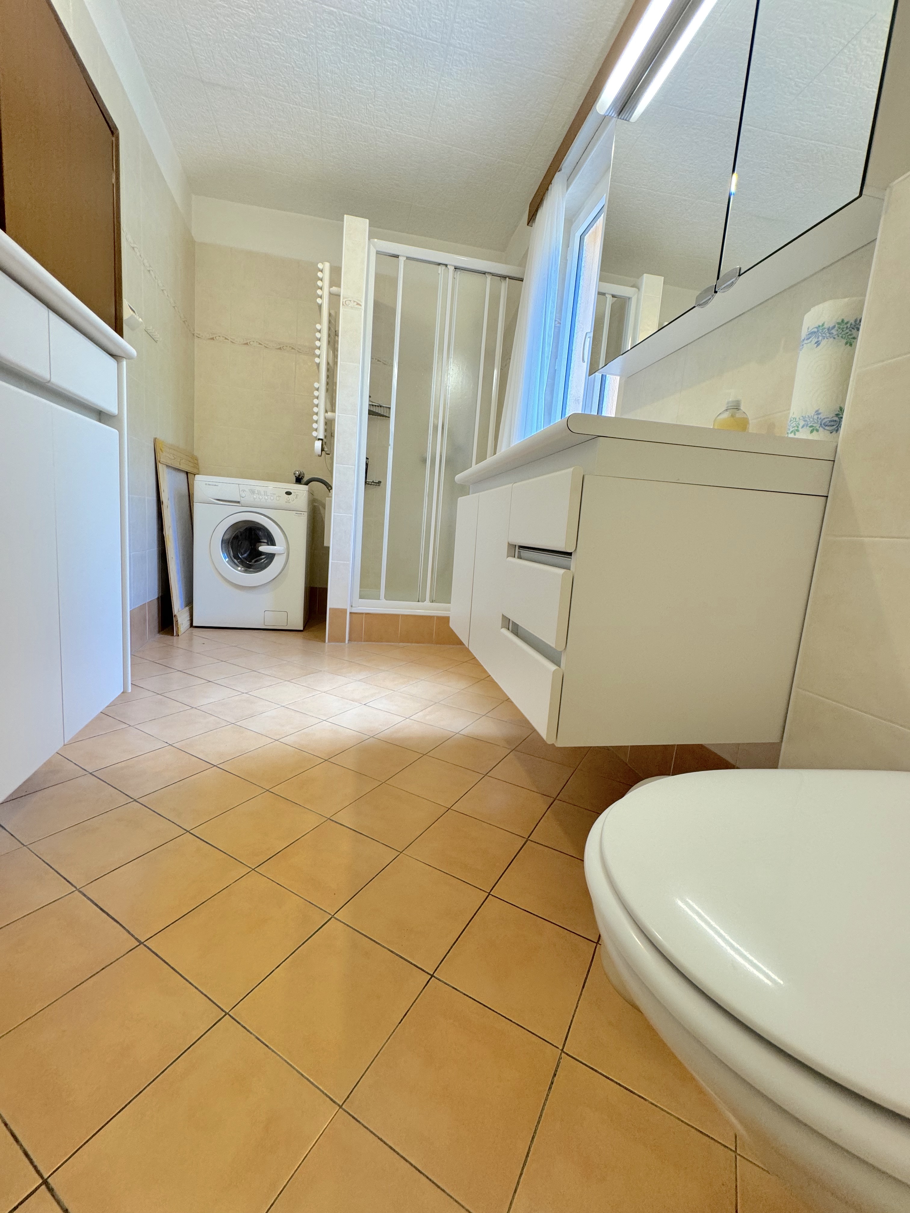 Kleines Badezimmer mit Dusche und Waschmaschine