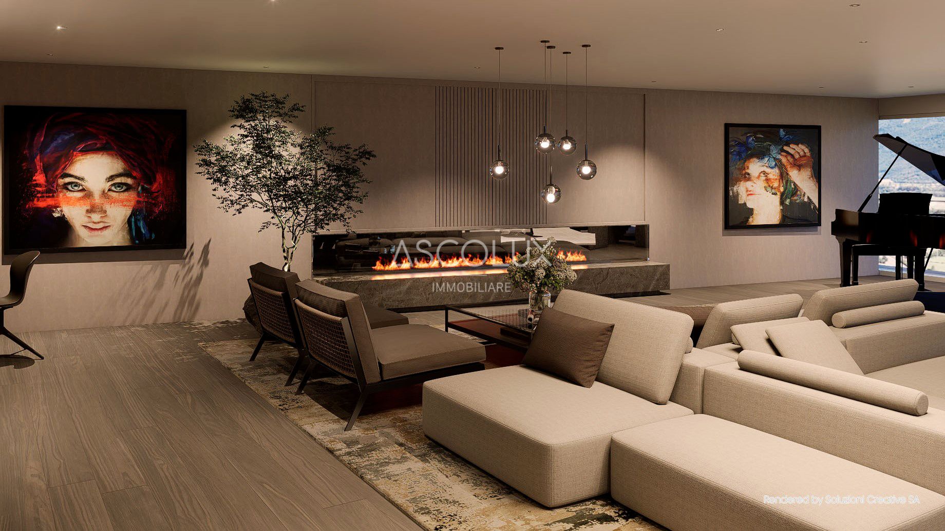 Luxuriöses Wohnzimmer mit Kamin und Piano