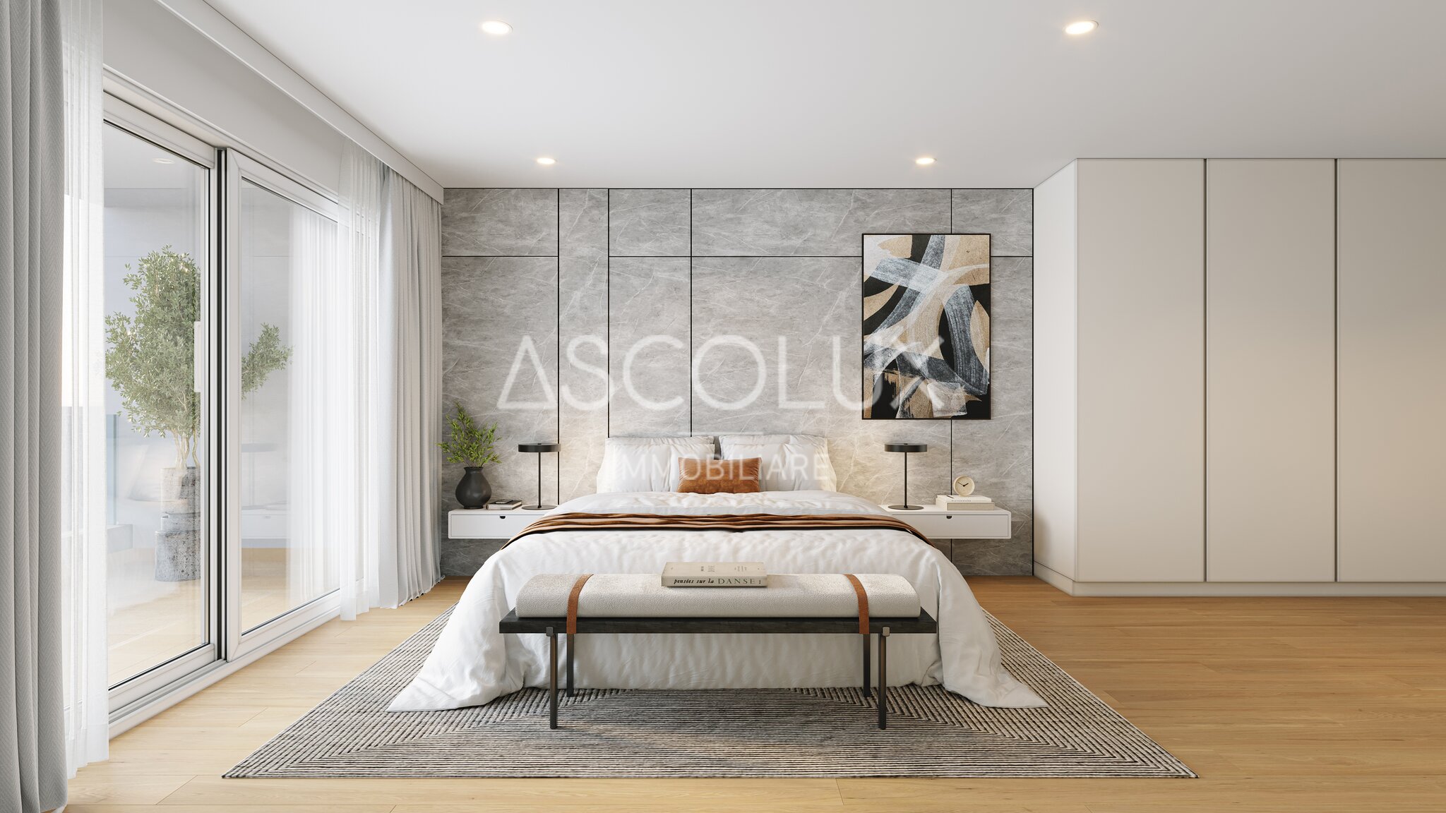 Modernes Schlafzimmer mit bodentiefen Fenstern und Einbauschrank
