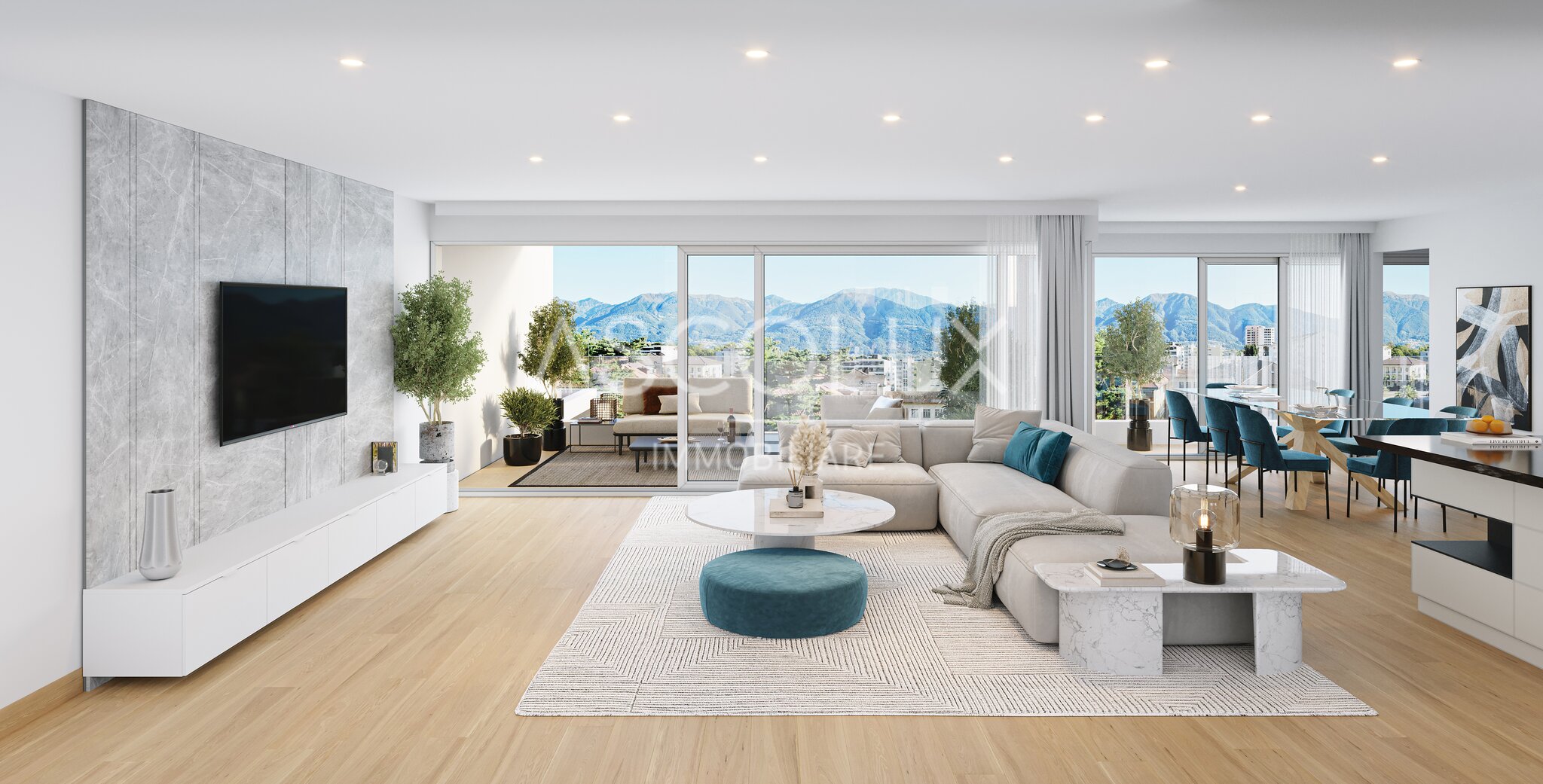 Modernes Wohn-Esszimmer mit Panoramablick