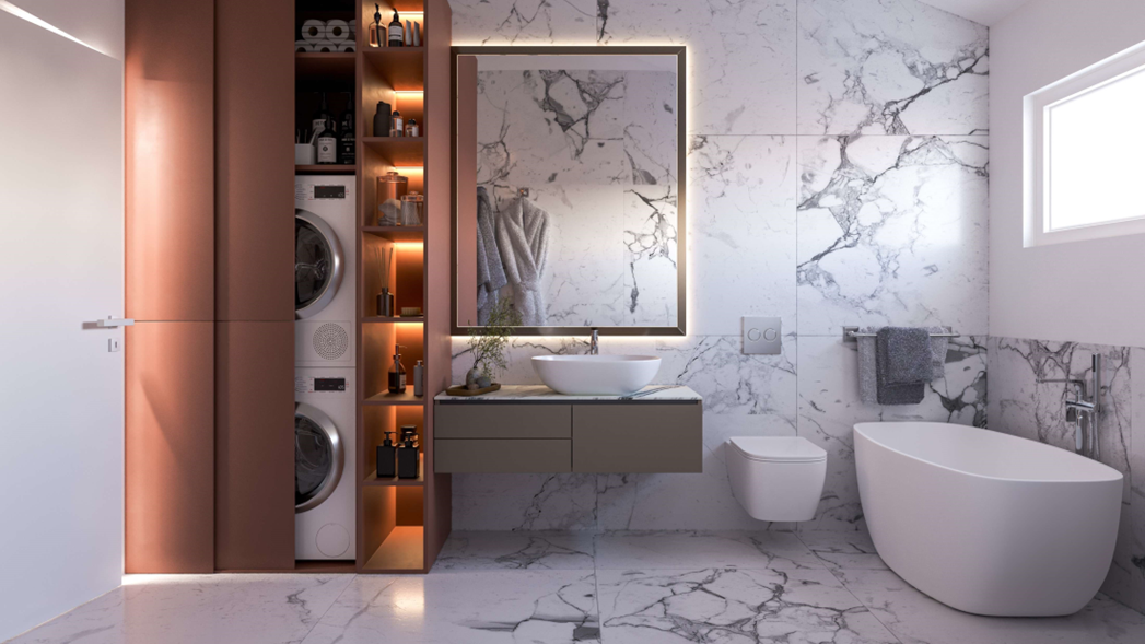 Modernes Bad mit freistehender Wanne und beleuchtetem Spiegelschrank