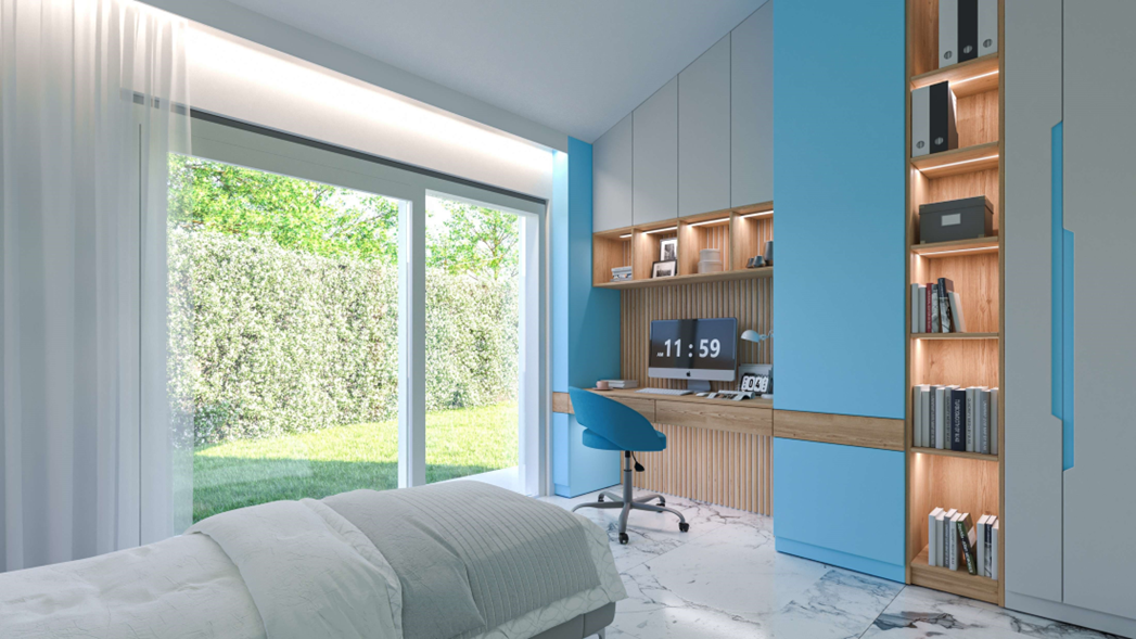 Modernes Kinder- oder Arbeitszimmer mit blau-weißen Einbauten