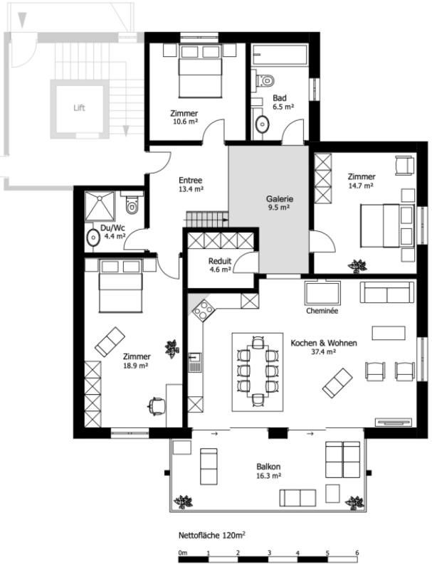 Grundriss einer Wohnung mit Galerie, Balkon und Liftzugang