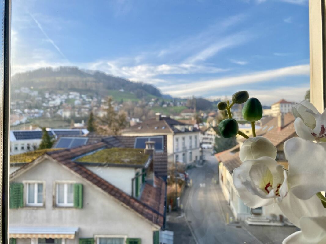 Blick aus dem Fenster auf eine Stadt mit Bergkulisse