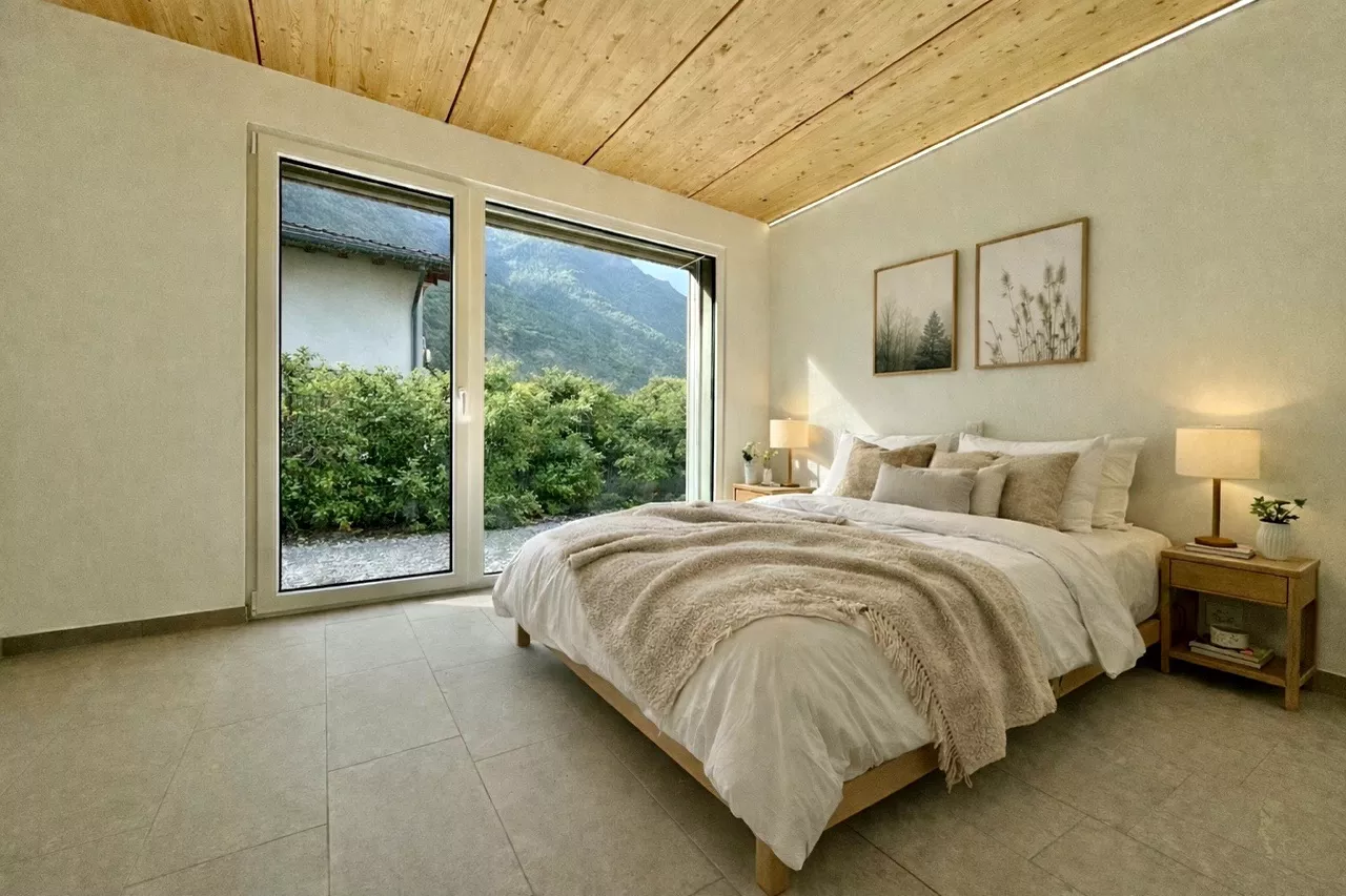 Helles Schlafzimmer mit großem Fenster und Bergblick