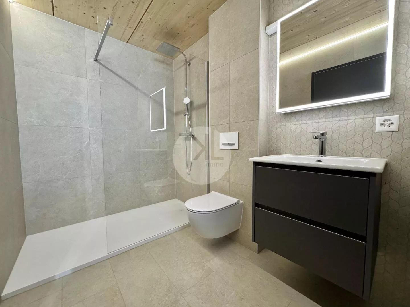 Modernes Badezimmer mit Walk-in-Dusche und Waschtisch