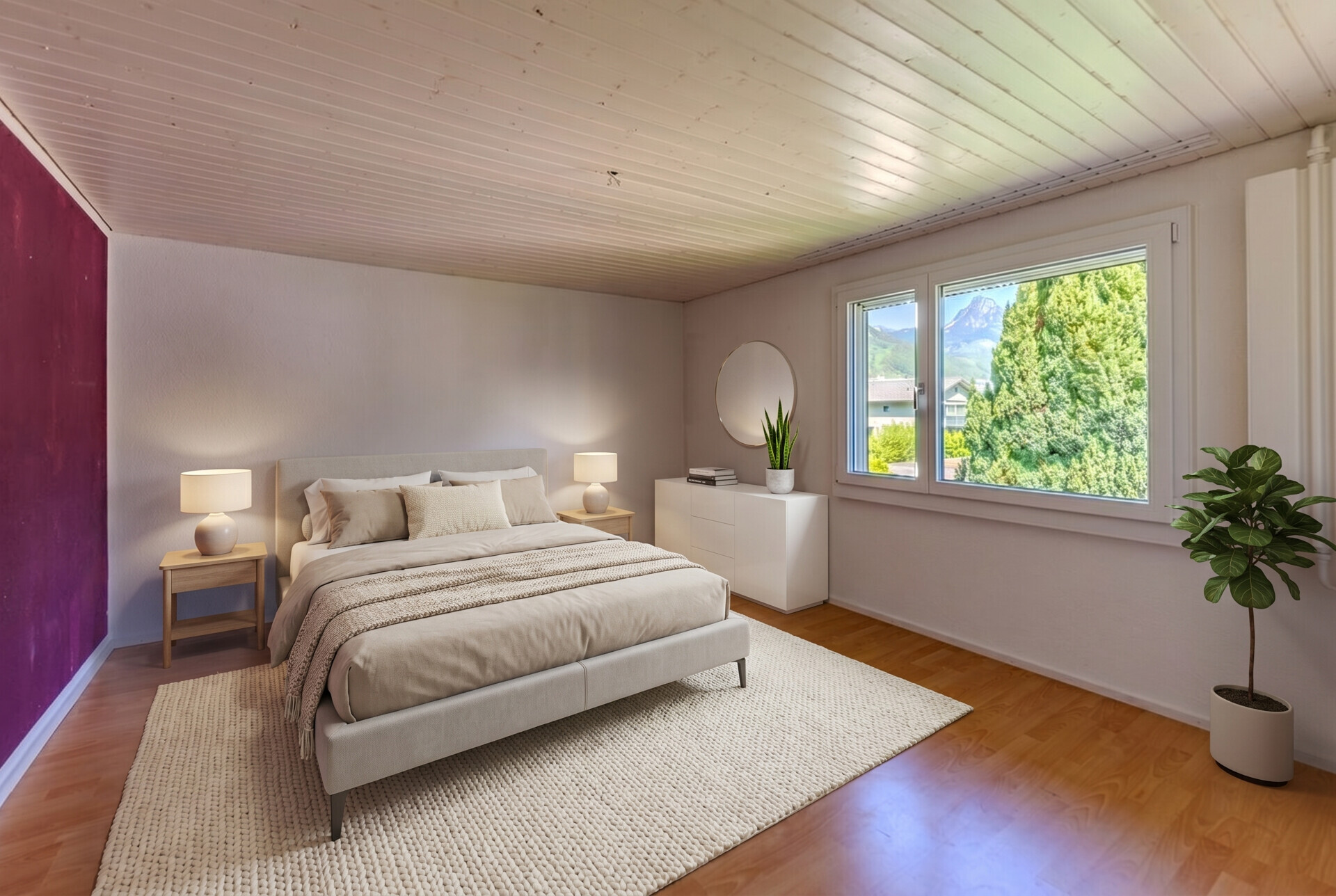 Helles Schlafzimmer mit Bergblick