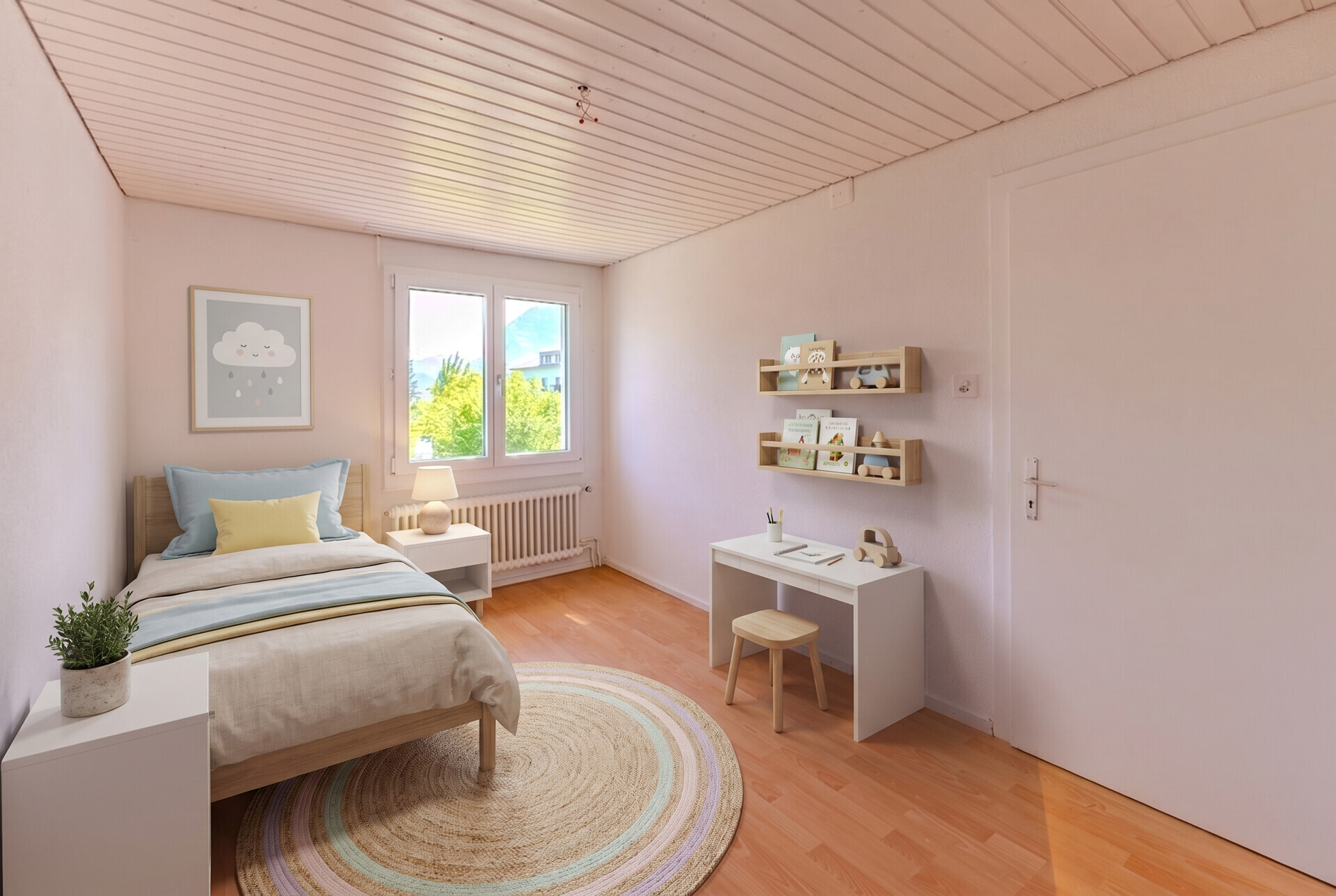 Helles Kinderzimmer mit Einzelbett