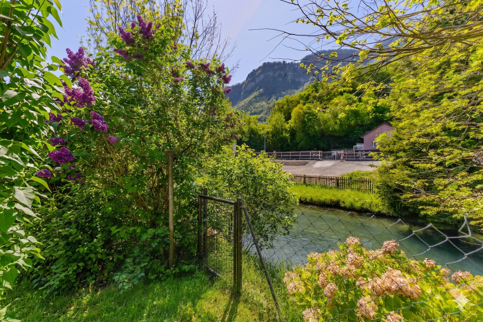 Flussufer mit Bergblick und üppigem Garten