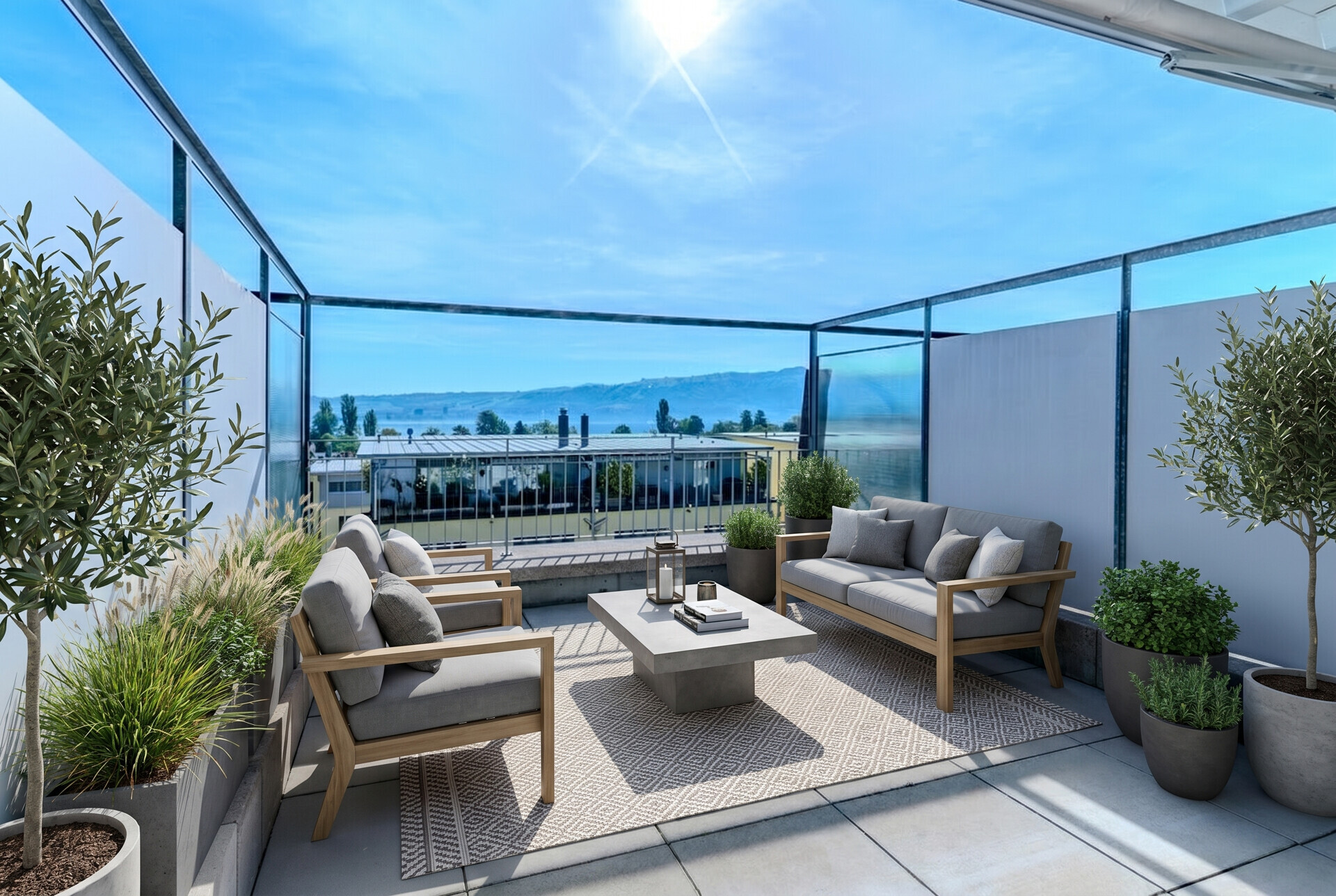 Moderne Dachterrasse mit Blick ins Grüne