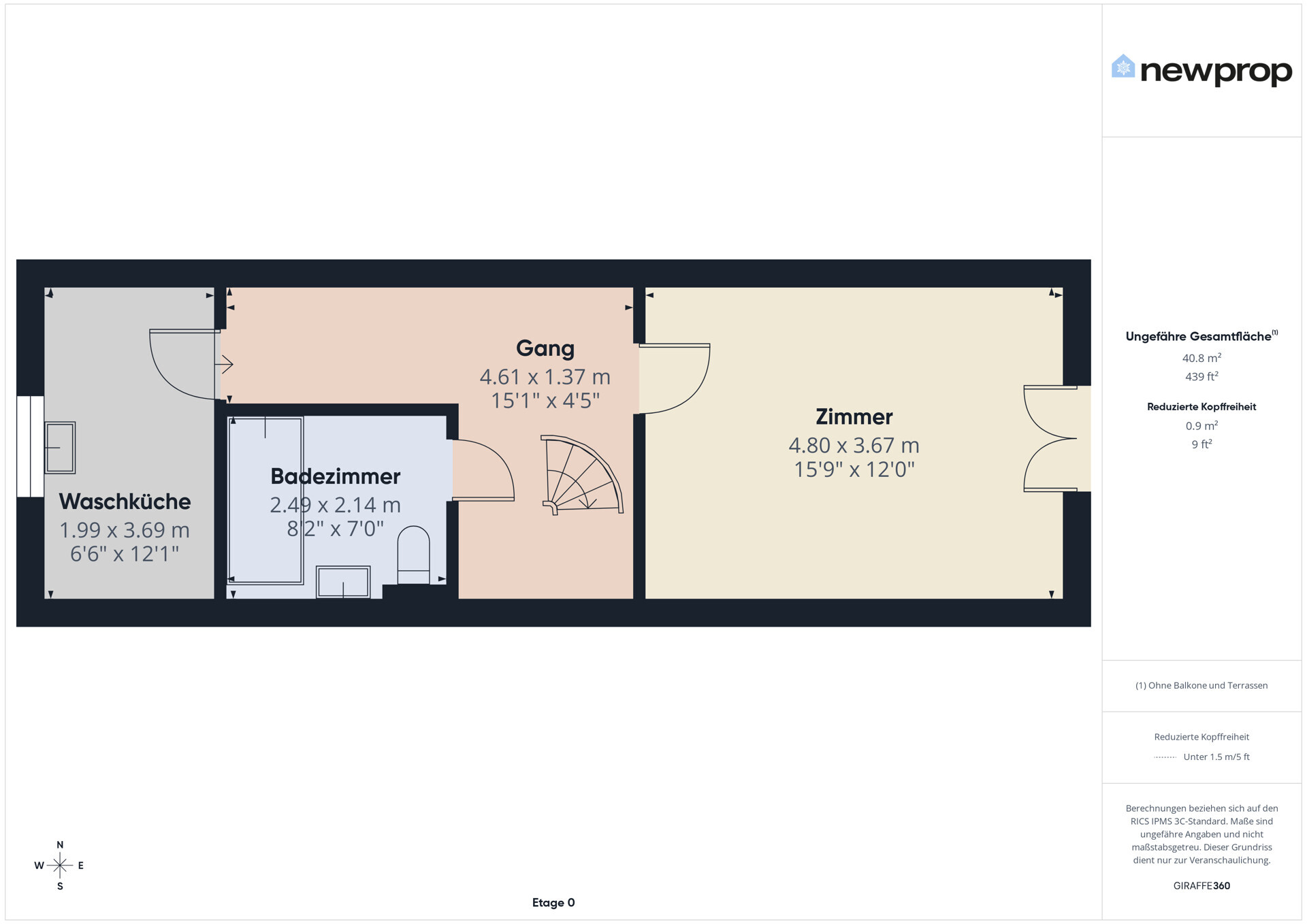 Grundriss mit Gang, Zimmer, Badezimmer und Waschküche