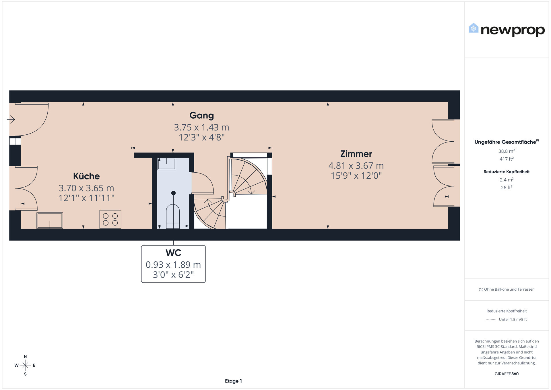 Grundriss einer Einheit mit Küche, Gang, Zimmer und WC